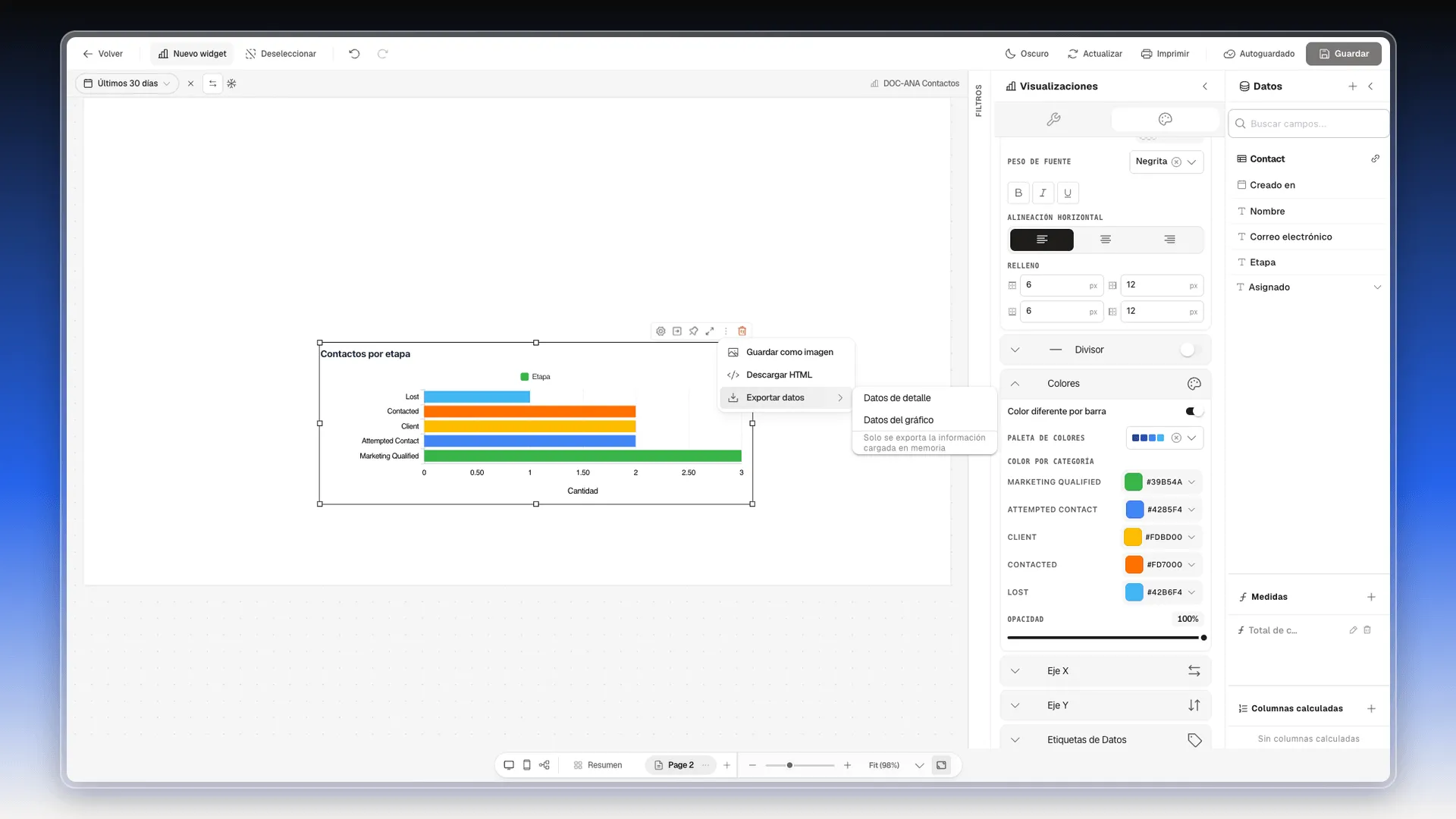 Menú de tres puntos del widget con Guardar como imagen, Descargar HTML y Exportar datos, y el submenú con Datos de detalle y Datos del gráfico