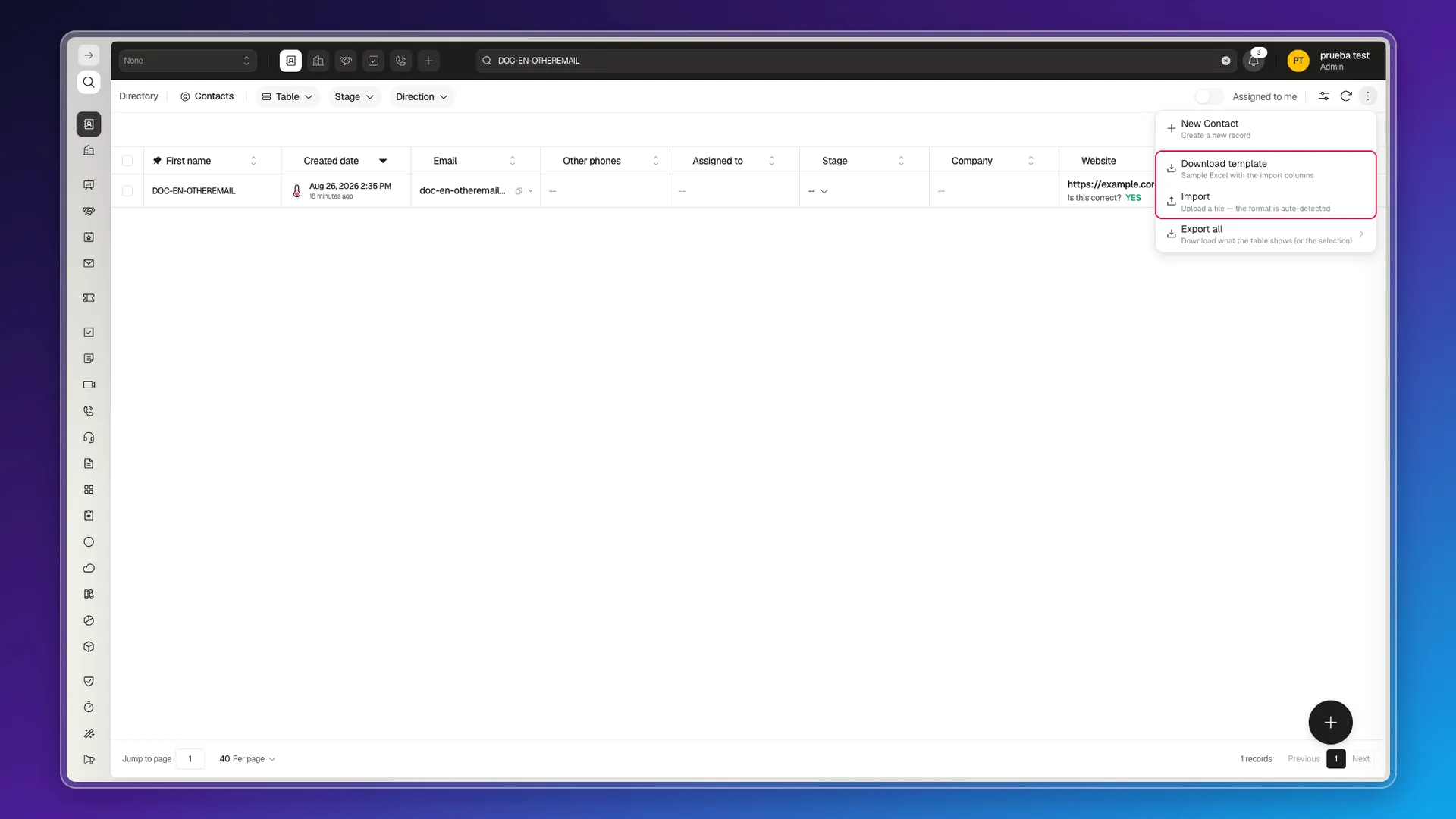 More actions menu with Download template and Import highlighted