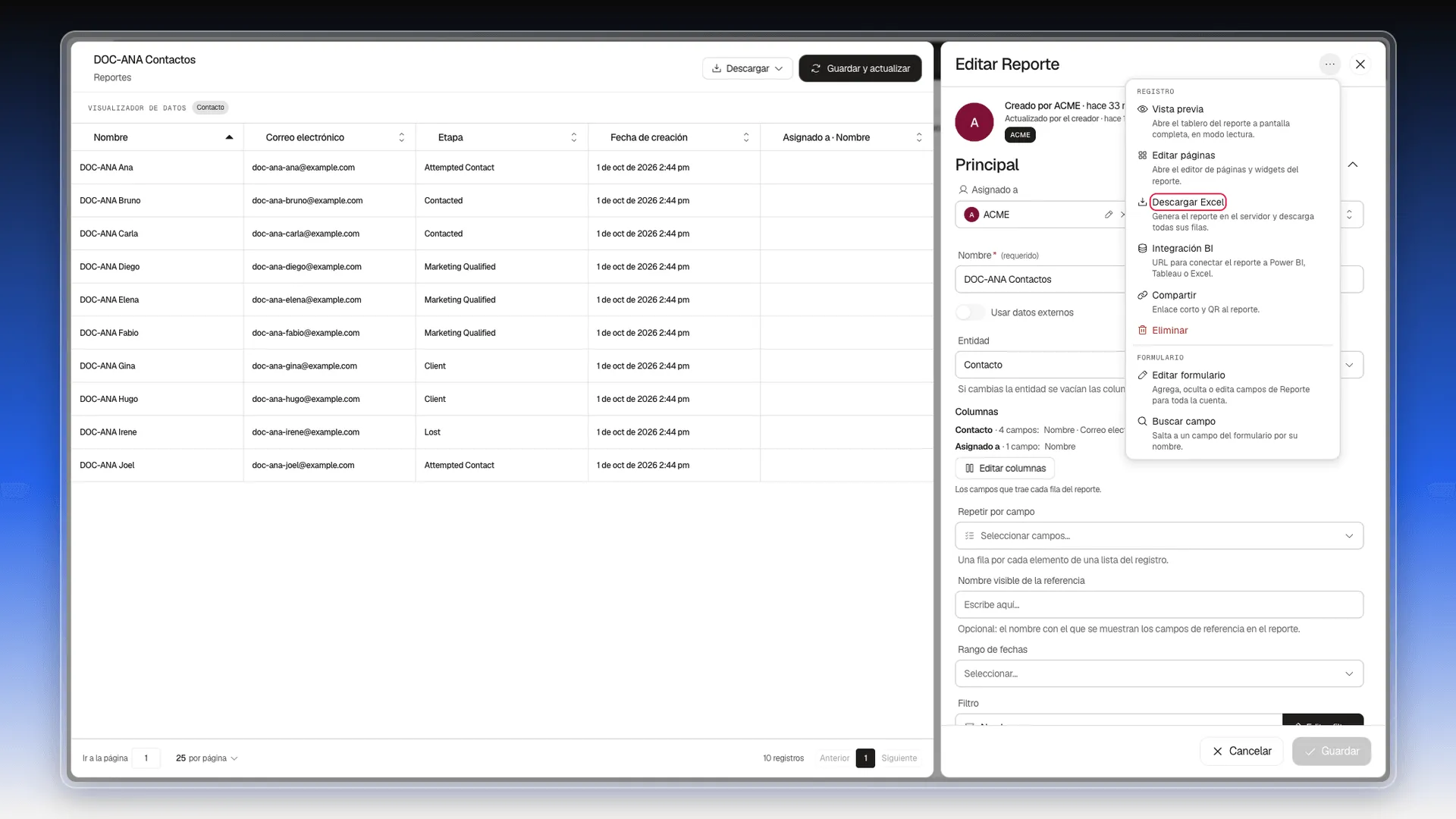 Menú de tres puntos del panel Editar Reporte con la opción Descargar Excel resaltada