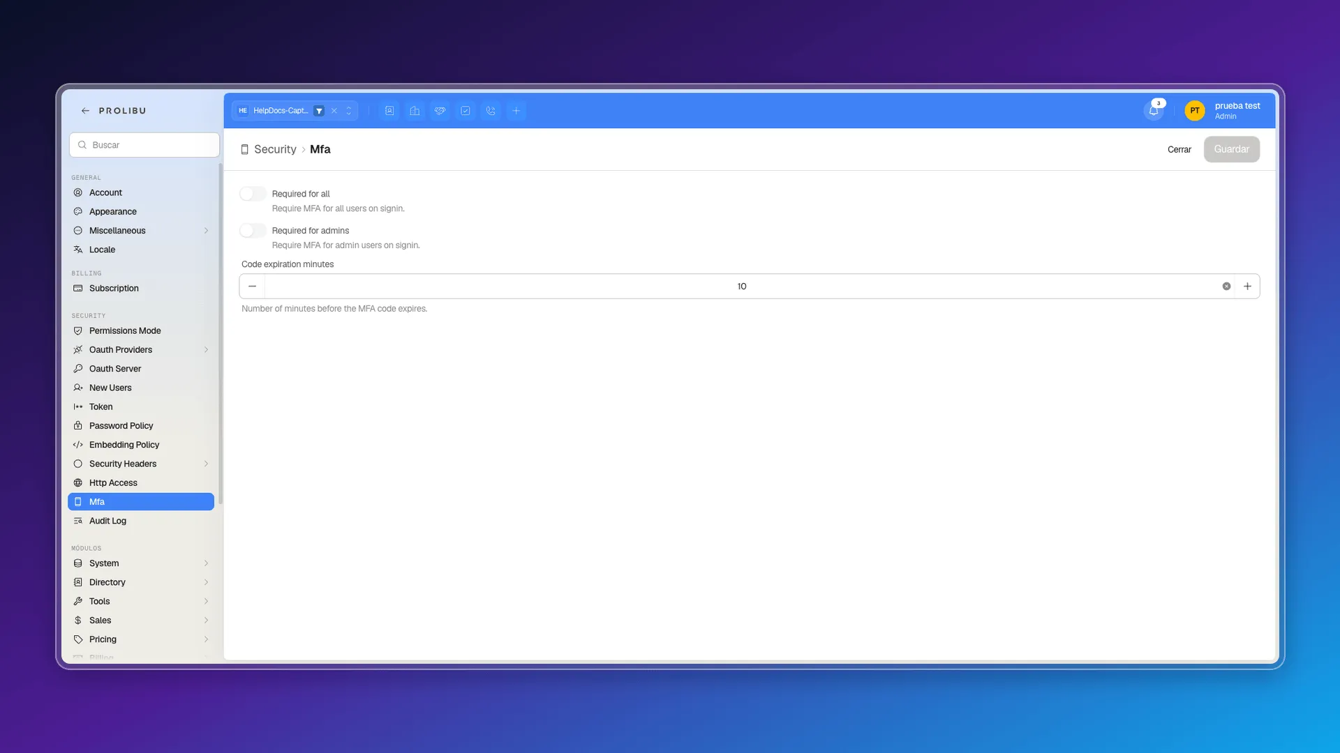 Mfa settings with the Required for all and Required for admins switches, and the expiration minutes field