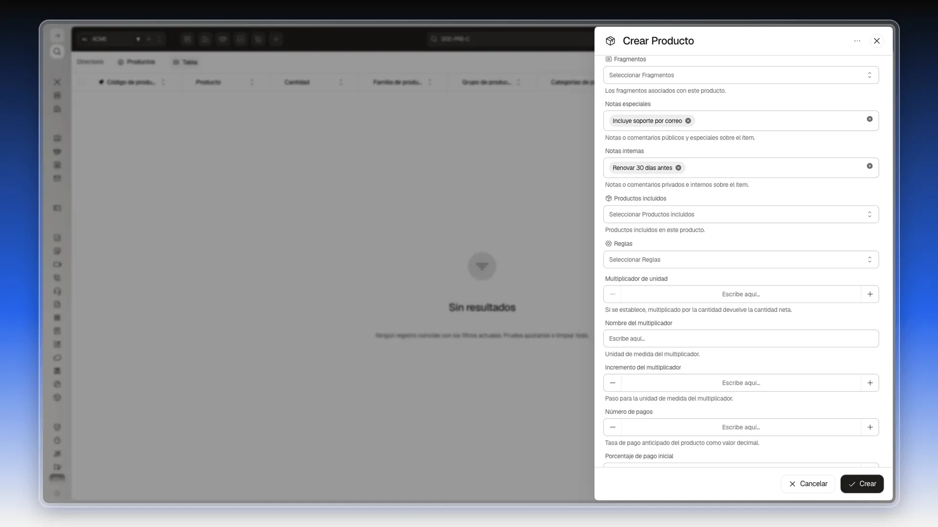 Formulario Crear Producto con Notas especiales y Notas internas, cada una con su etiqueta