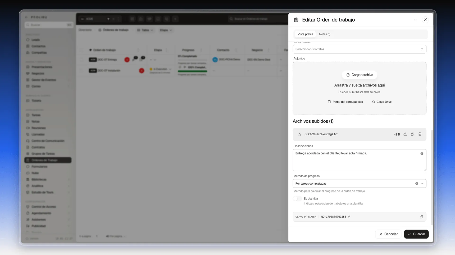 Formulario con un archivo subido y una observación escrita, y debajo el Método de progreso