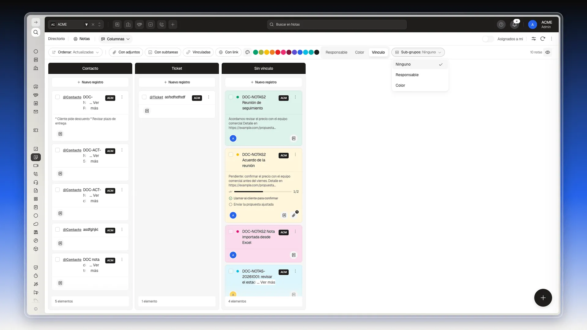 Lista de Sub-grupos con las opciones Ninguno, Responsable y Color