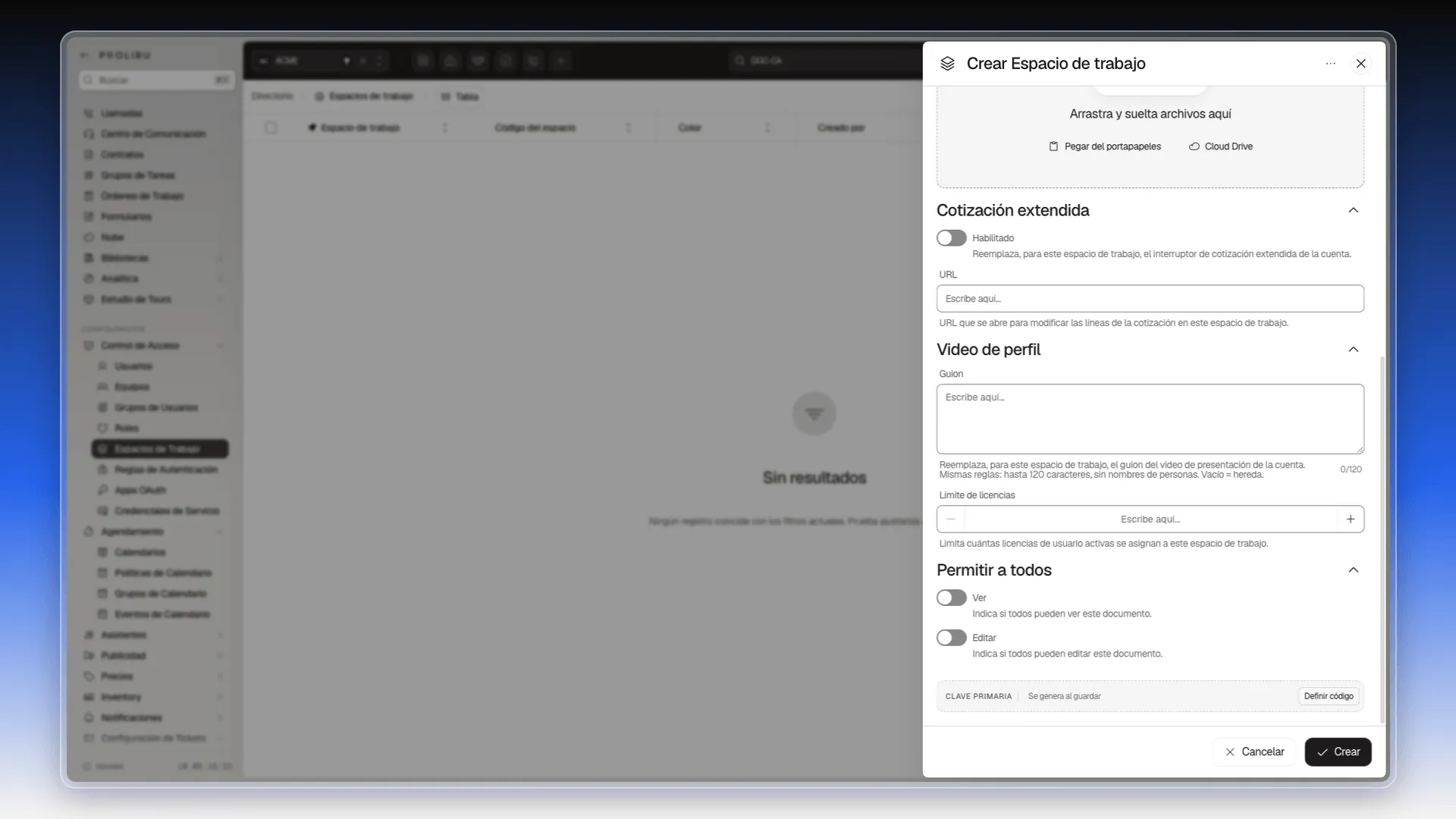 Parte inferior del panel Crear Espacio de trabajo con las secciones Cotización extendida, Video de perfil, Límite de licencias, Permitir a todos y Clave primaria