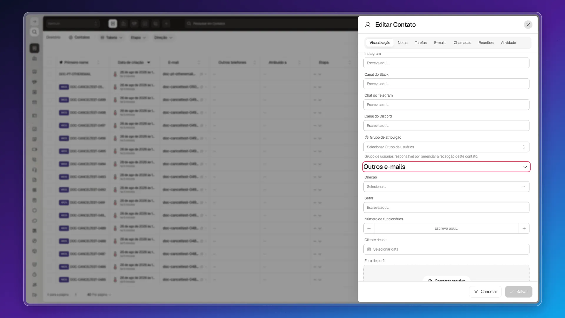 Seção Outros e-mails vazia após importar um valor com ponto e vírgula