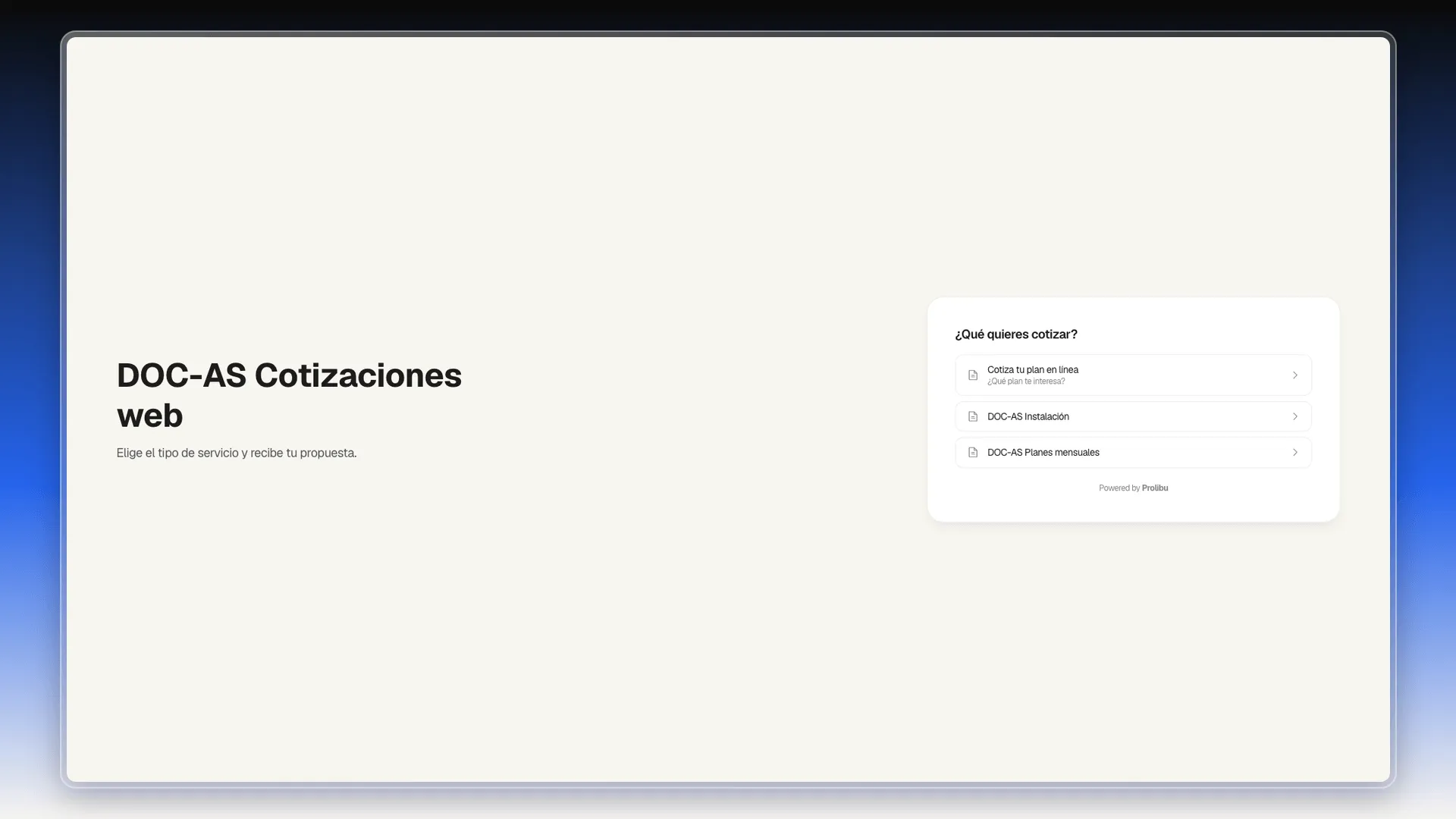Página pública del grupo DOC-AS Cotizaciones web con la pregunta Qué quieres cotizar y tres asistentes para elegir