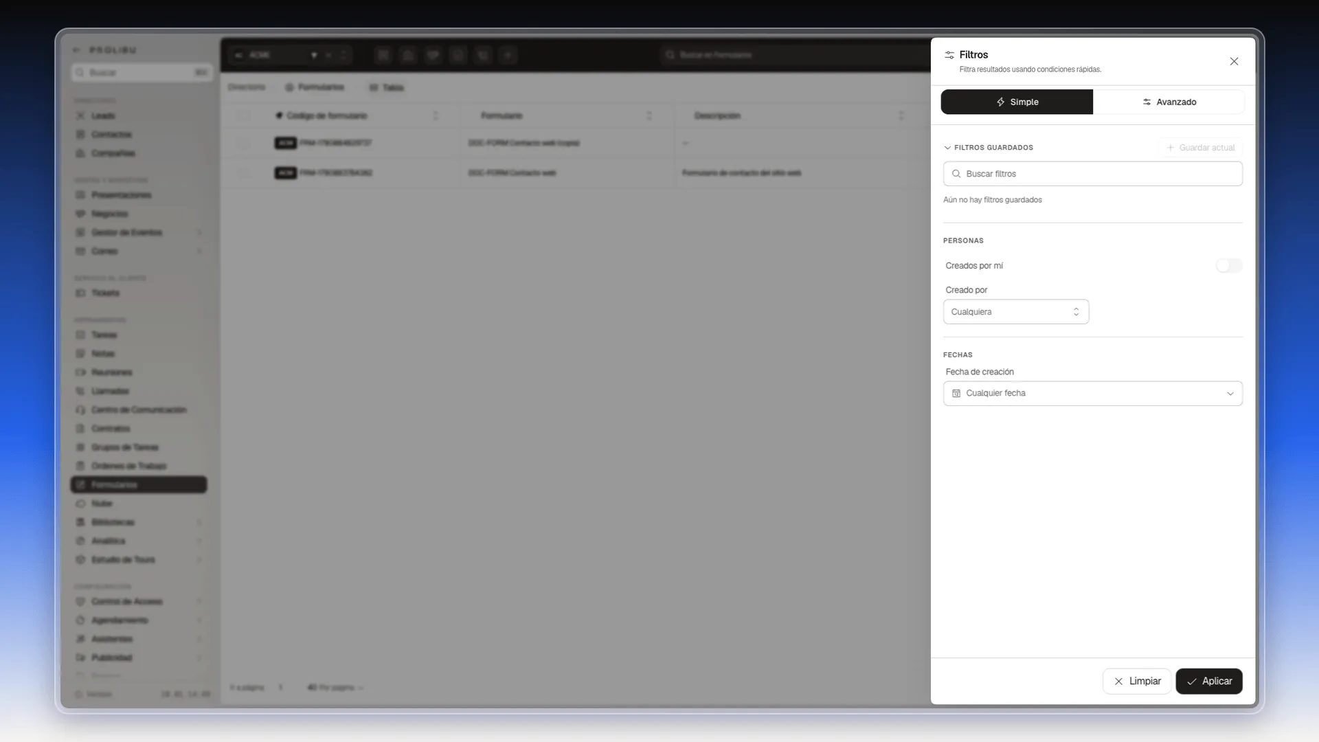Panel Filtros en modo Simple con Filtros guardados, Creados por mí, Creado por y Fecha de creación
