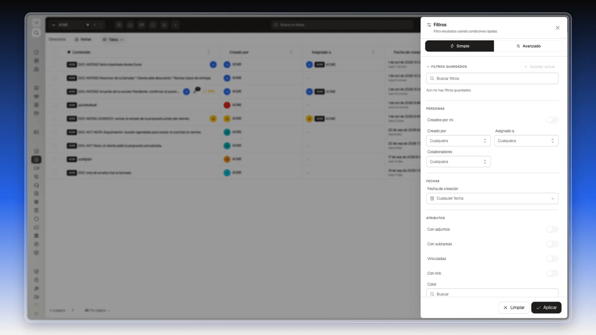Panel Filtros con las secciones Personas, Fechas y Atributos