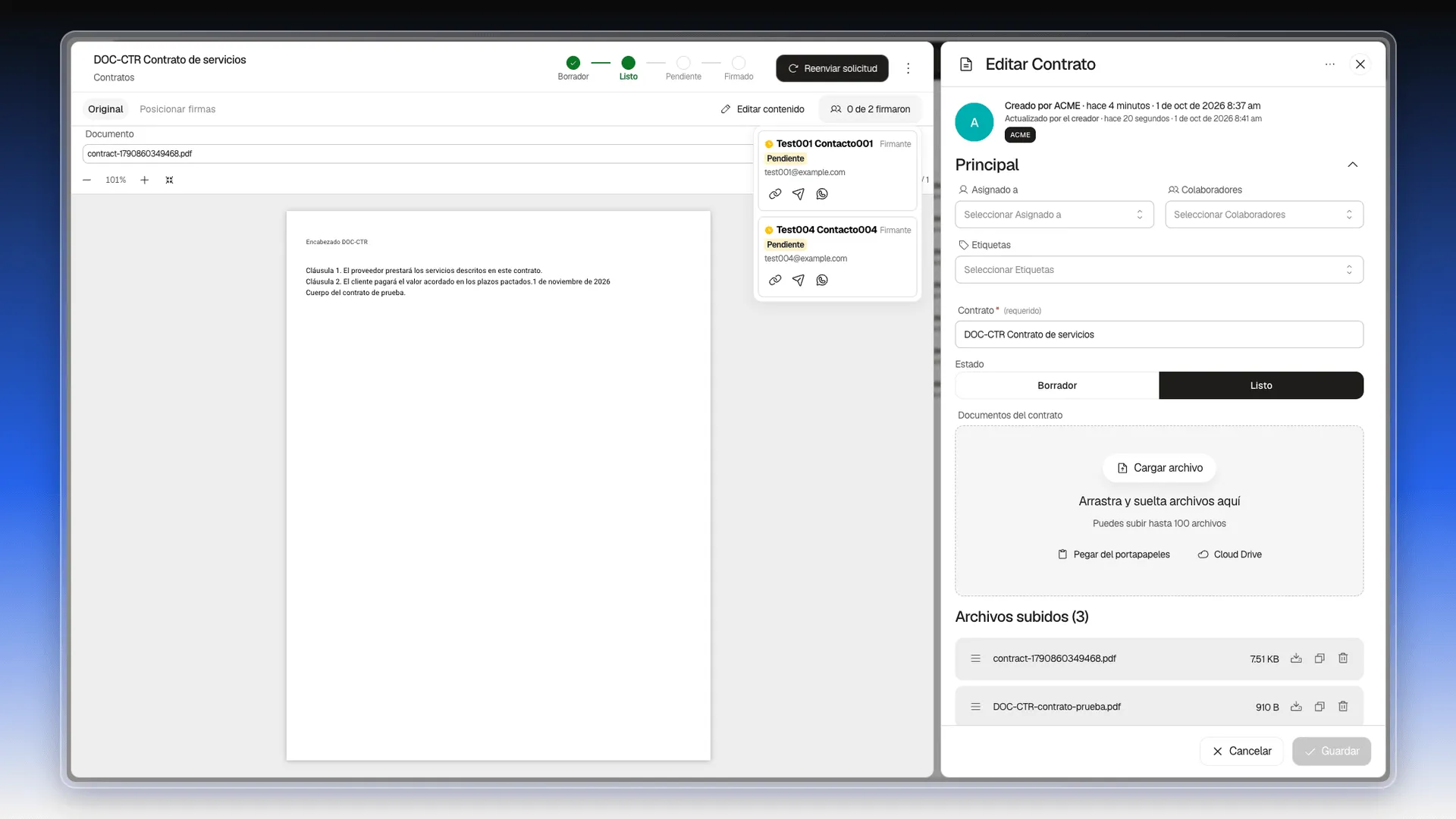 Panel de firmantes con dos tarjetas en estado Pendiente y los botones de cada una