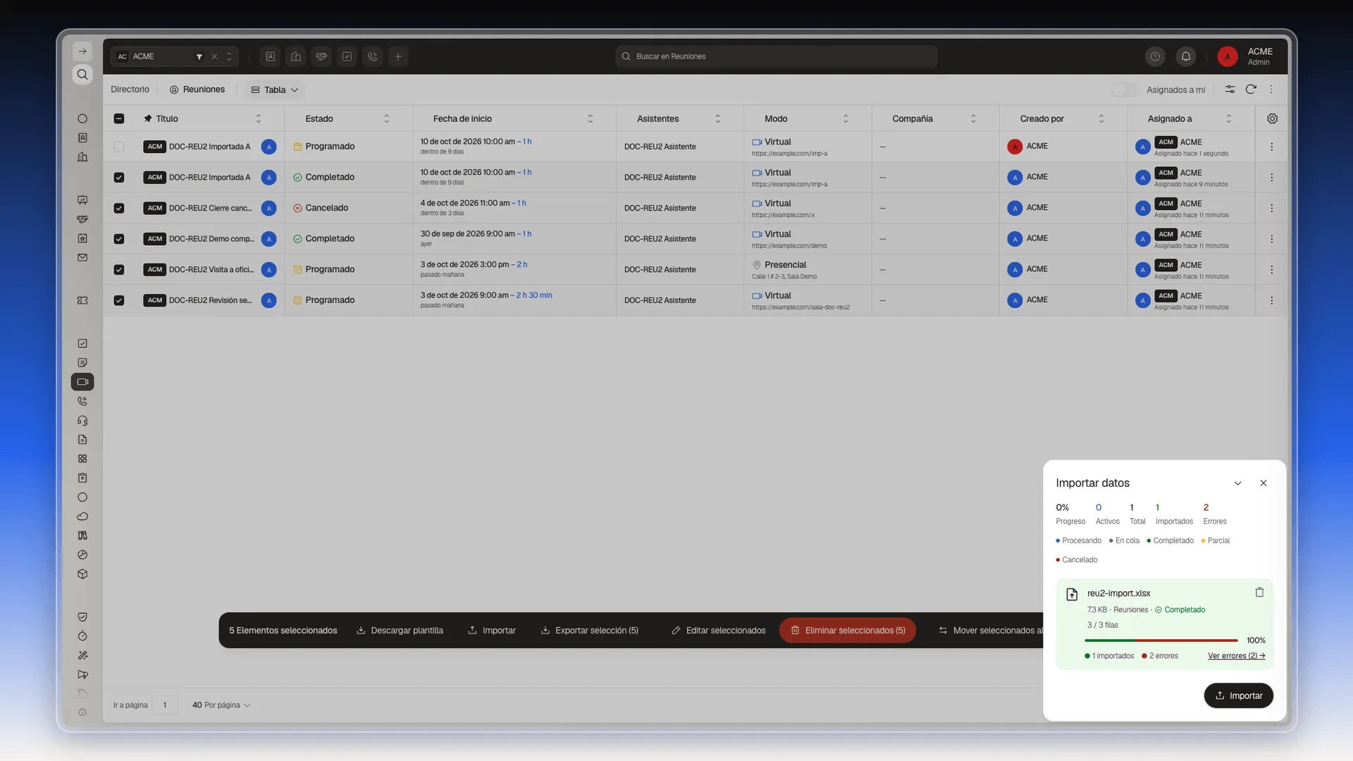 Panel Importar datos con el archivo reu2-import.xlsx completado: 3 de 3 filas, 1 importado y 2 errores