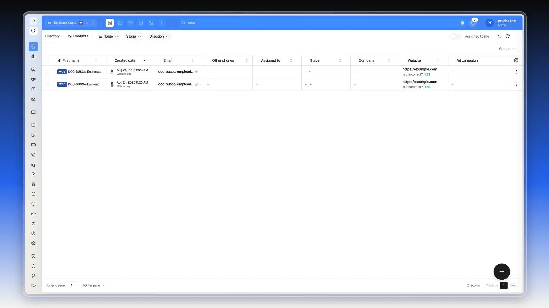 Searching "plead" finds two contacts whose email contains "empleado", even though the whole word was never typed