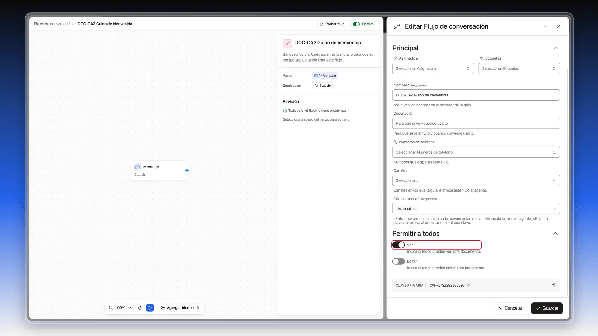 Panel Editar Flujo de conversación junto al lienzo del flujo, con la sección Permitir a todos desplegada y el interruptor Ver activado y resaltado
