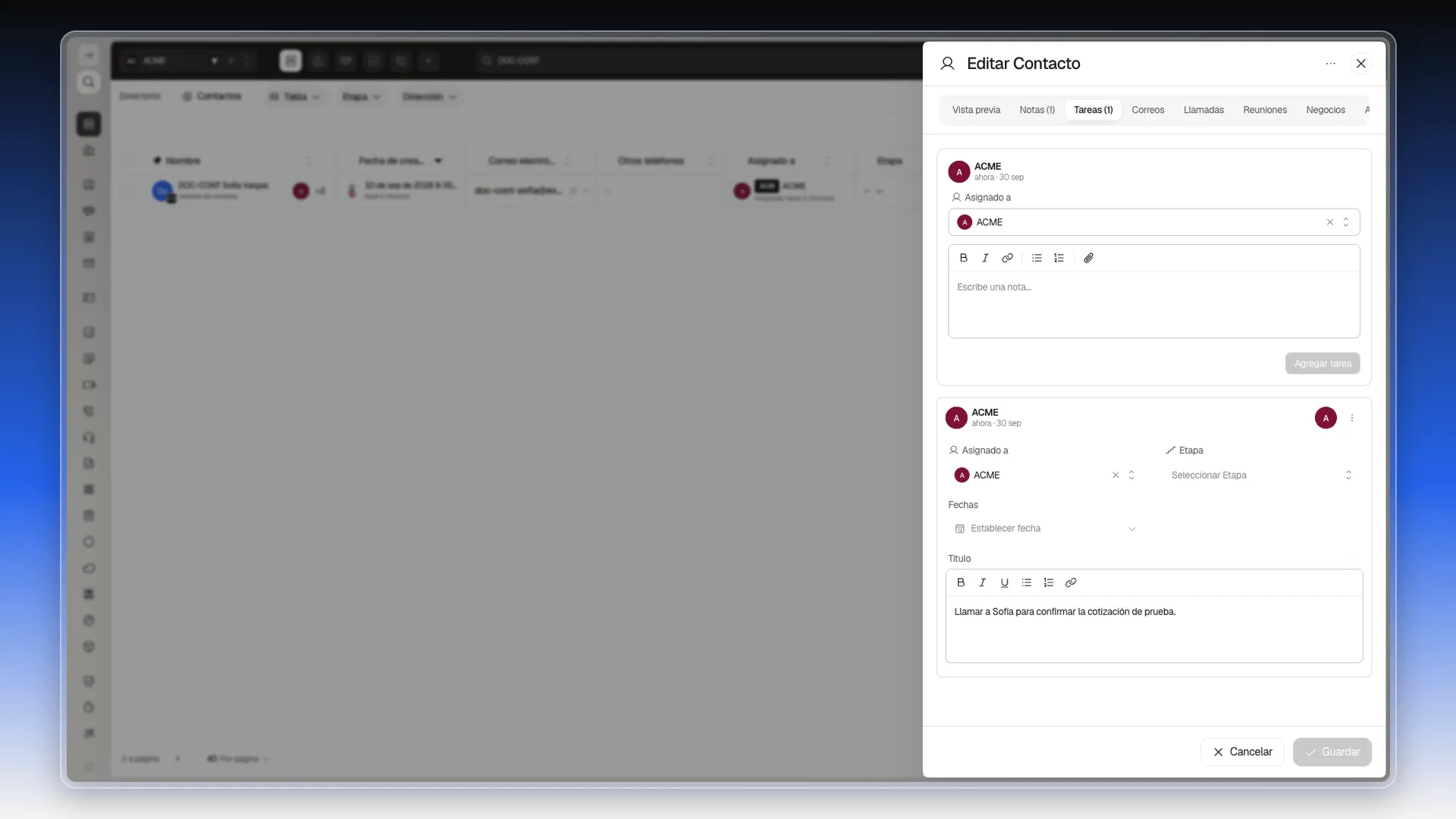 Pestaña Tareas de la ficha con el recuadro para crear una tarea y una tarea ya creada con su responsable, etapa, fechas y título