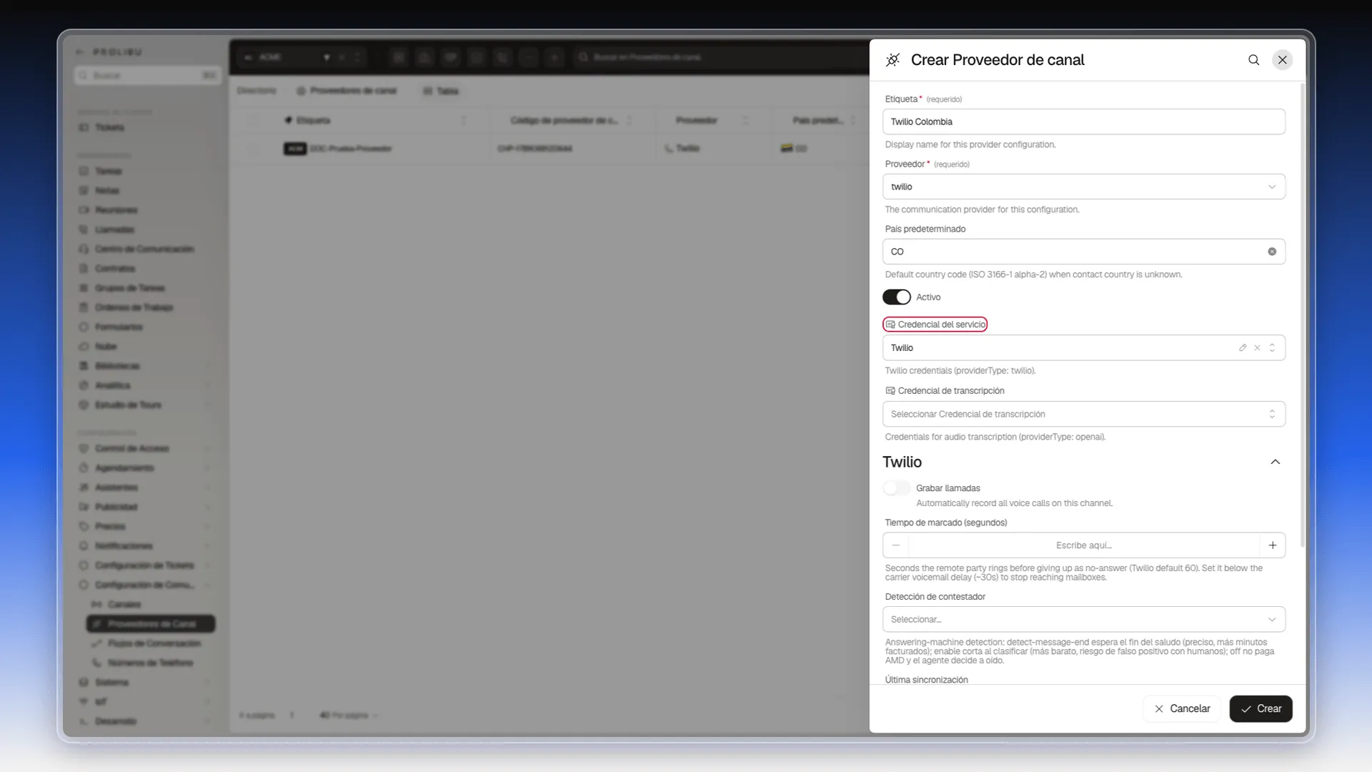 Formulario Crear Proveedor de canal con proveedor twilio y el campo Credencial del servicio marcado