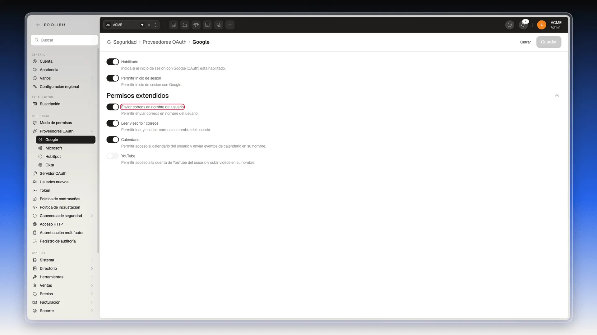 Permiso de Google para enviar correos en nombre del usuario, resaltado