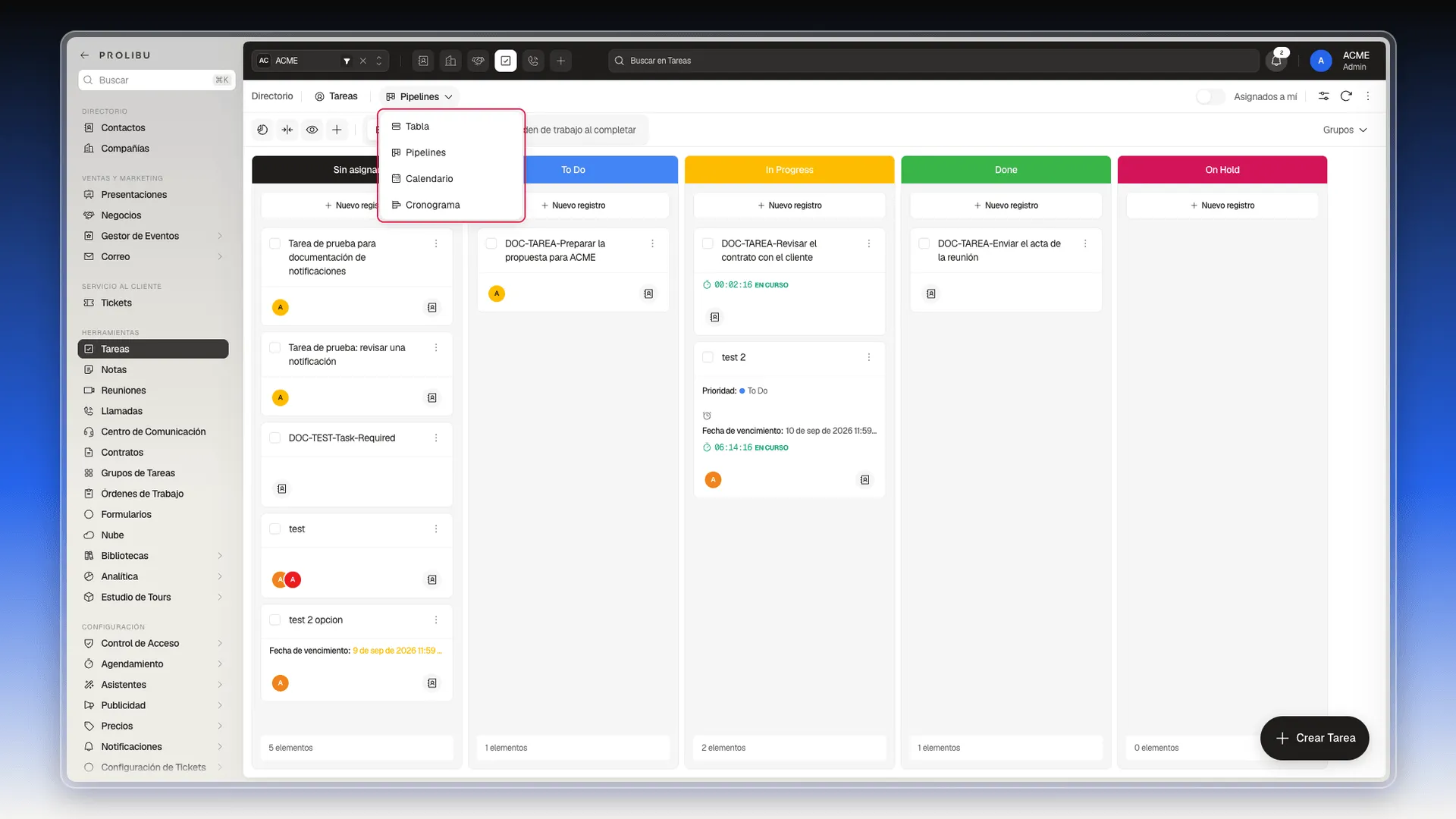 Selector de vista del módulo de Tareas desplegado con las cuatro vistas