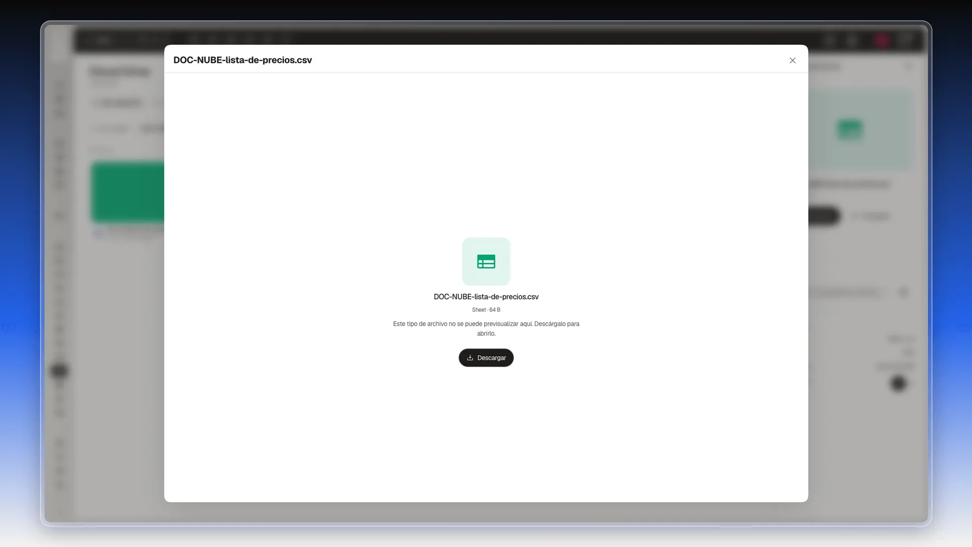 Vista previa de un archivo .csv con el aviso de que no se puede previsualizar y el botón Descargar