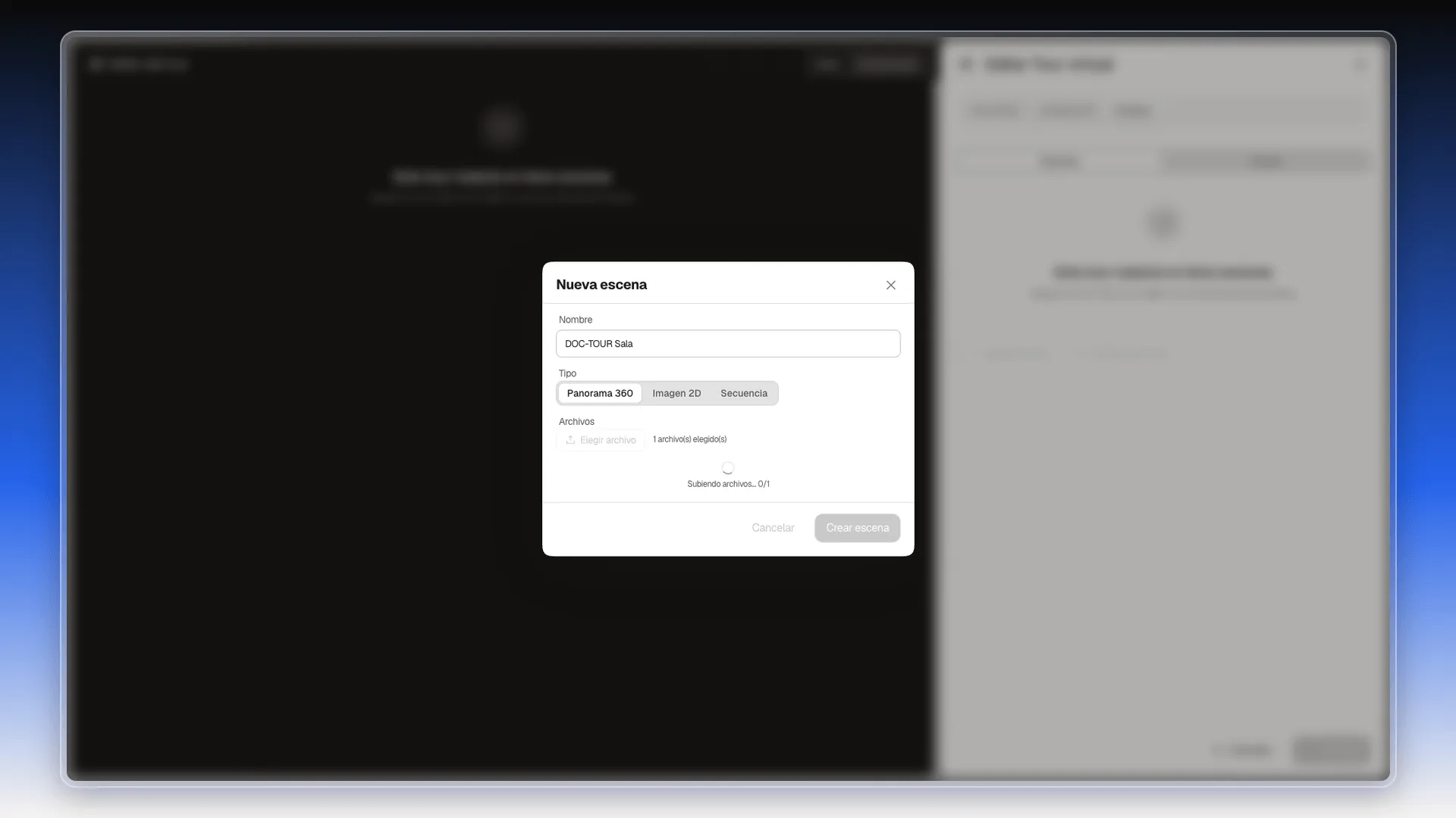 Cuadro Nueva escena con el aviso Subiendo archivos… 0/1 y los botones desactivados