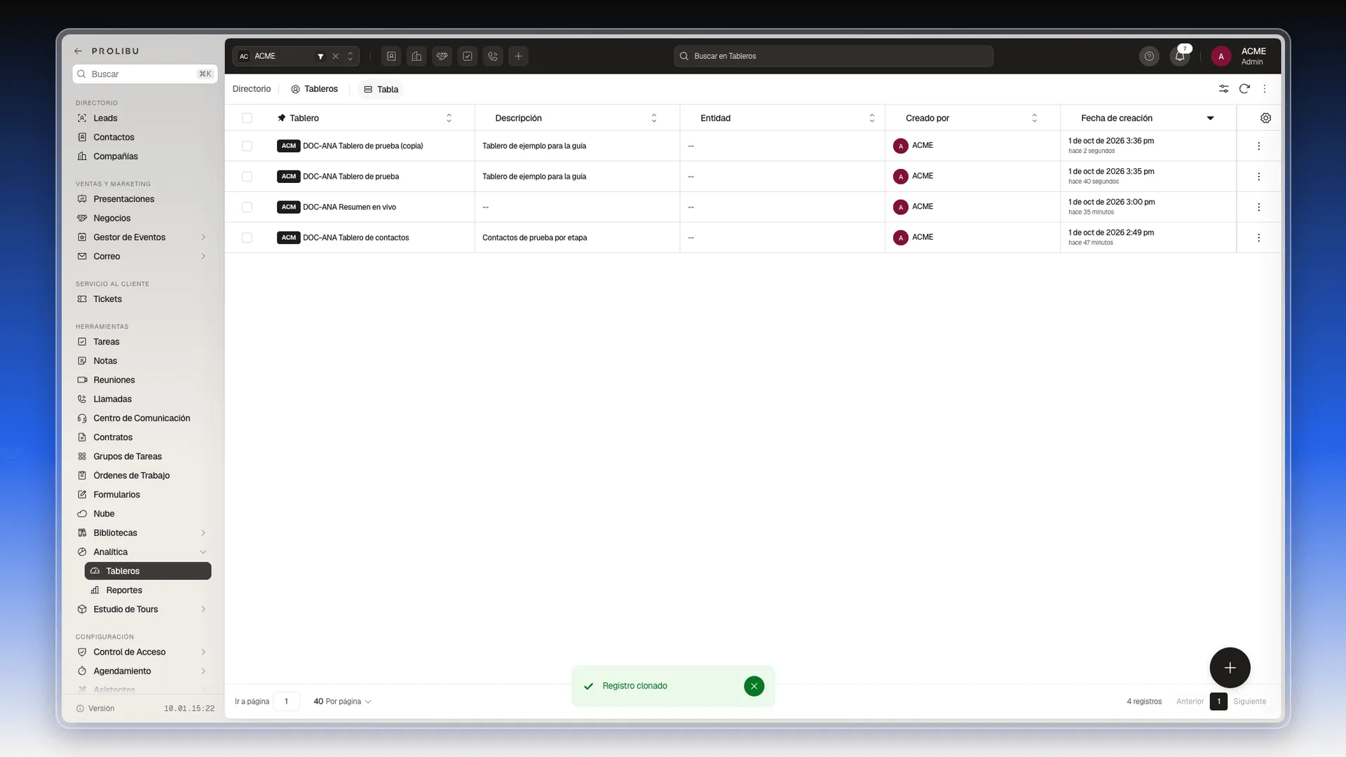 Lista de tableros con DOC-ANA Tablero de prueba (copia) en la primera fila
