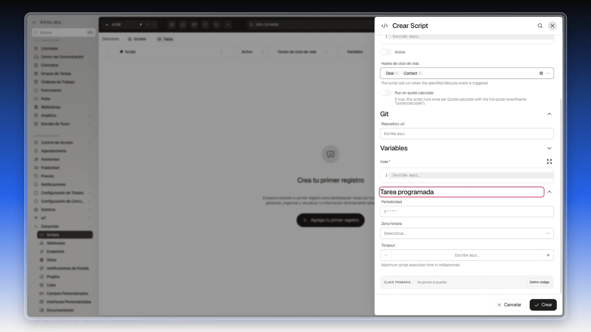 Panel Crear Script con la sección Tarea programada resaltada, con los campos Periodicidad, Zona horaria y Timeout