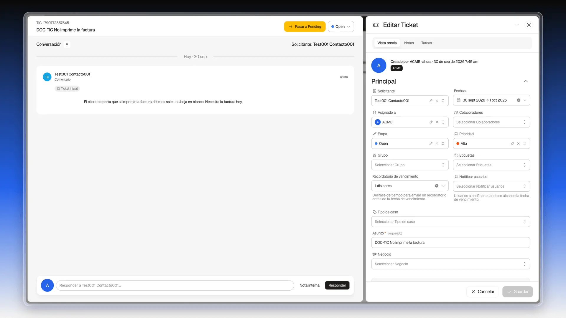 Ficha del ticket recién creado, con su número, la conversación y el panel Editar Ticket