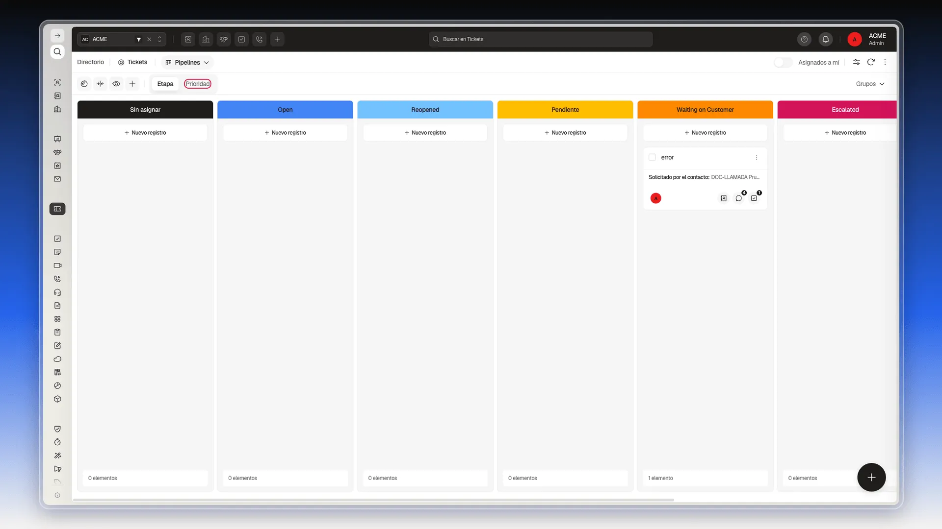 Tablero Pipelines de Tickets con la opción Prioridad resaltada