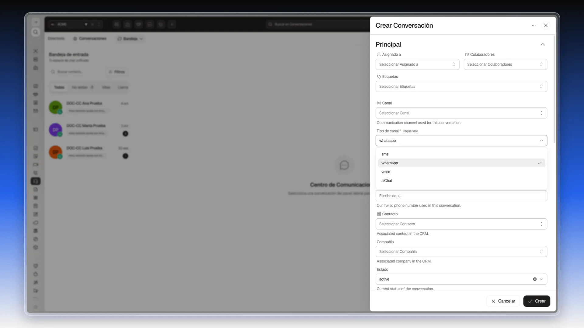 Lista desplegable de Tipo de canal con las opciones sms, whatsapp, voice y aiChat