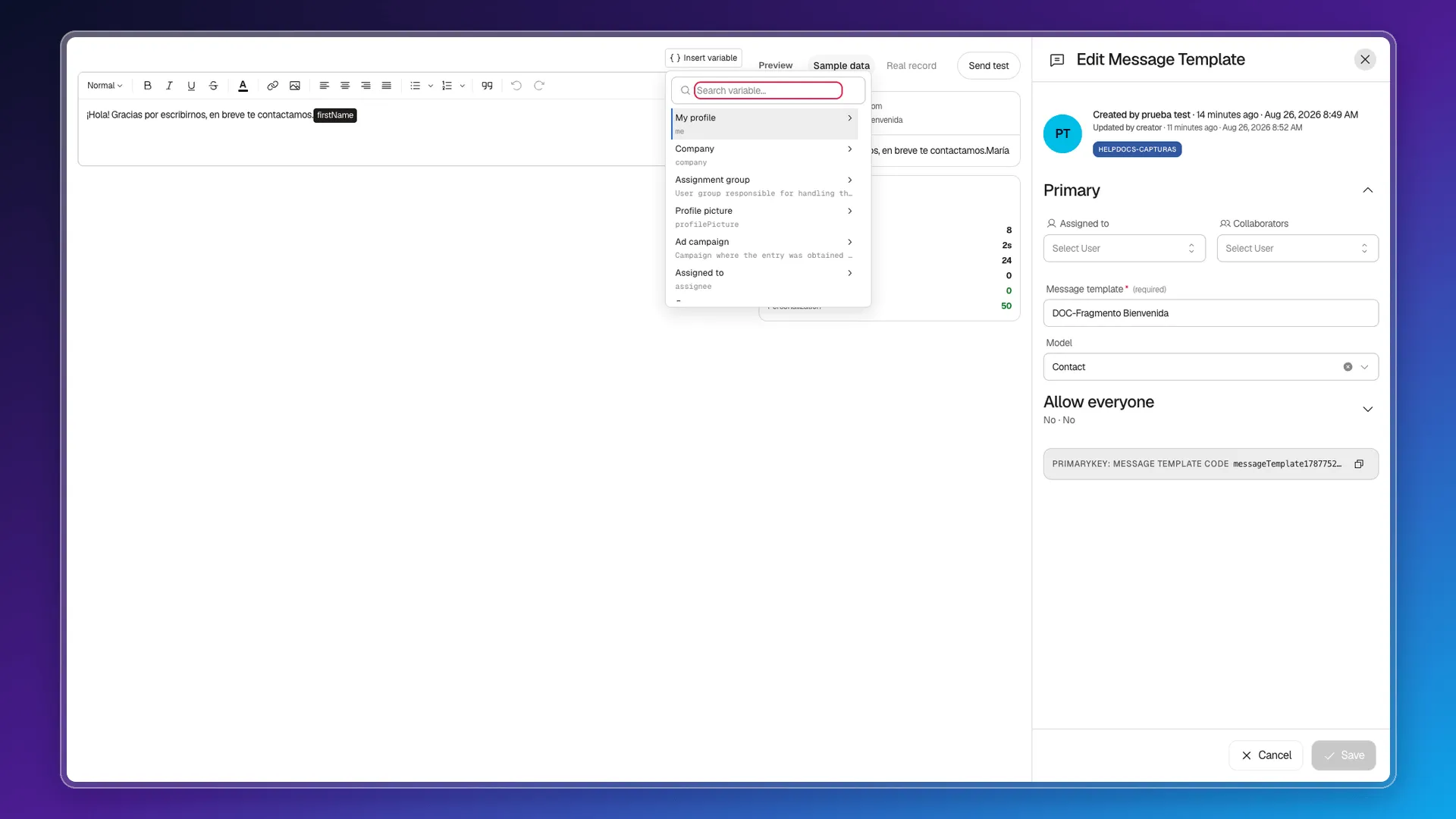 Variable picker open with the search bar highlighted