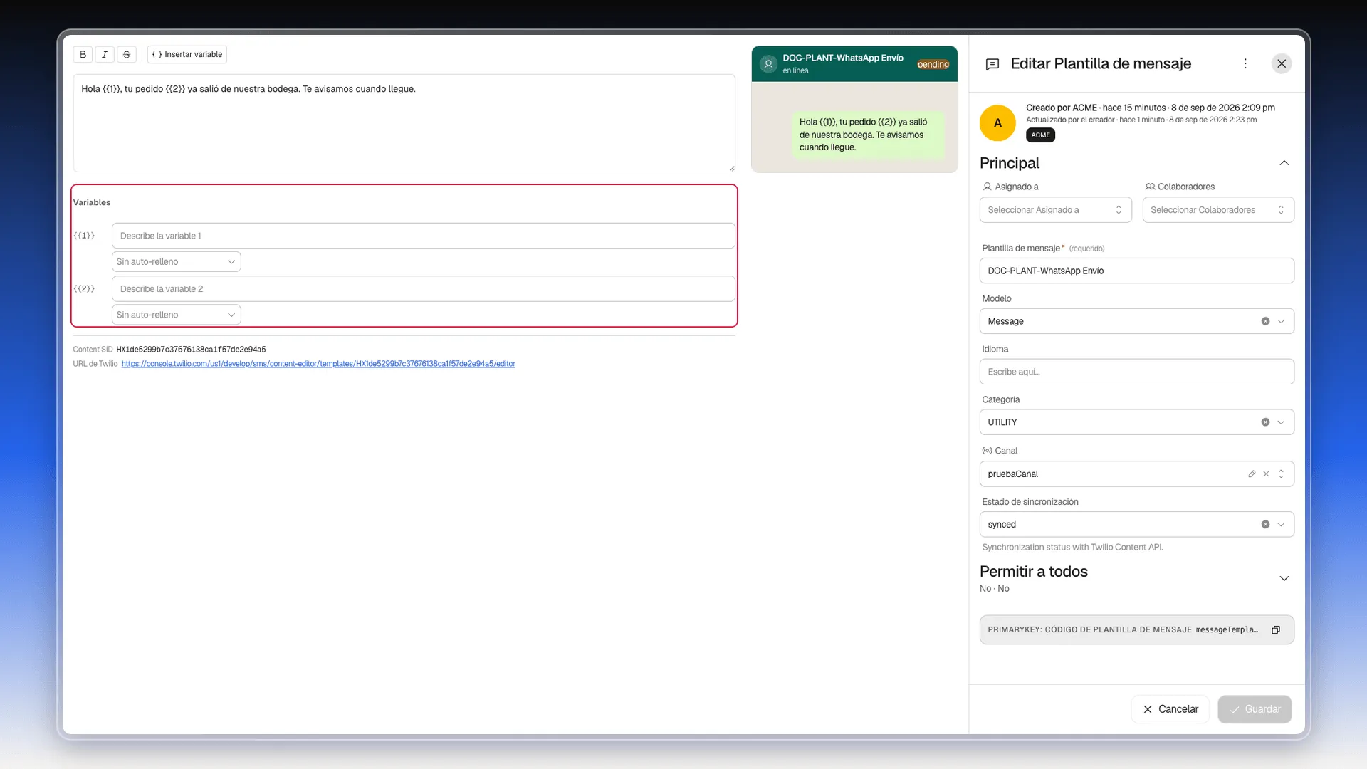 Bloque Variables de una plantilla de WhatsApp, con una fila por cada hueco numerado