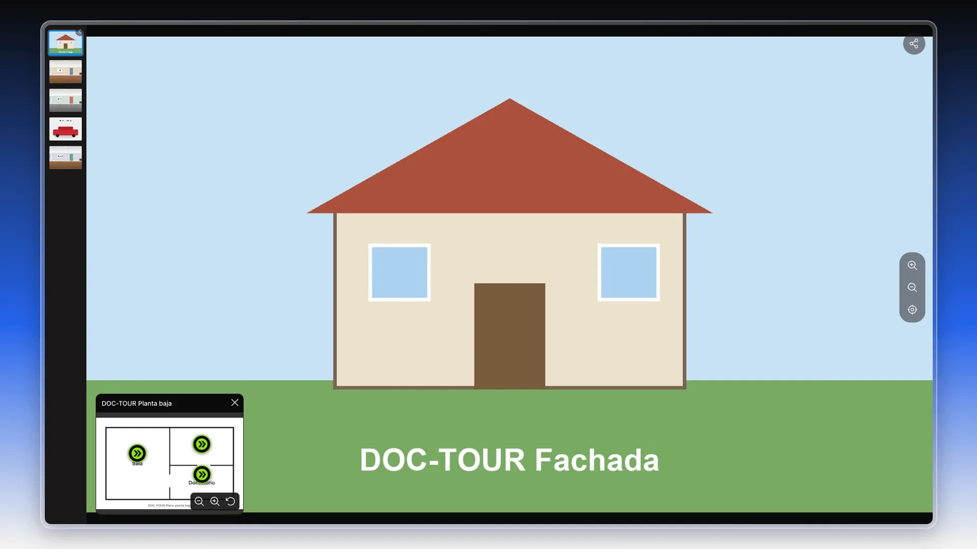 Visor público en la escena DOC-TOUR Fachada, con la cinta de escenas a la izquierda, los botones de zoom a la derecha y el plano abajo a la izquierda