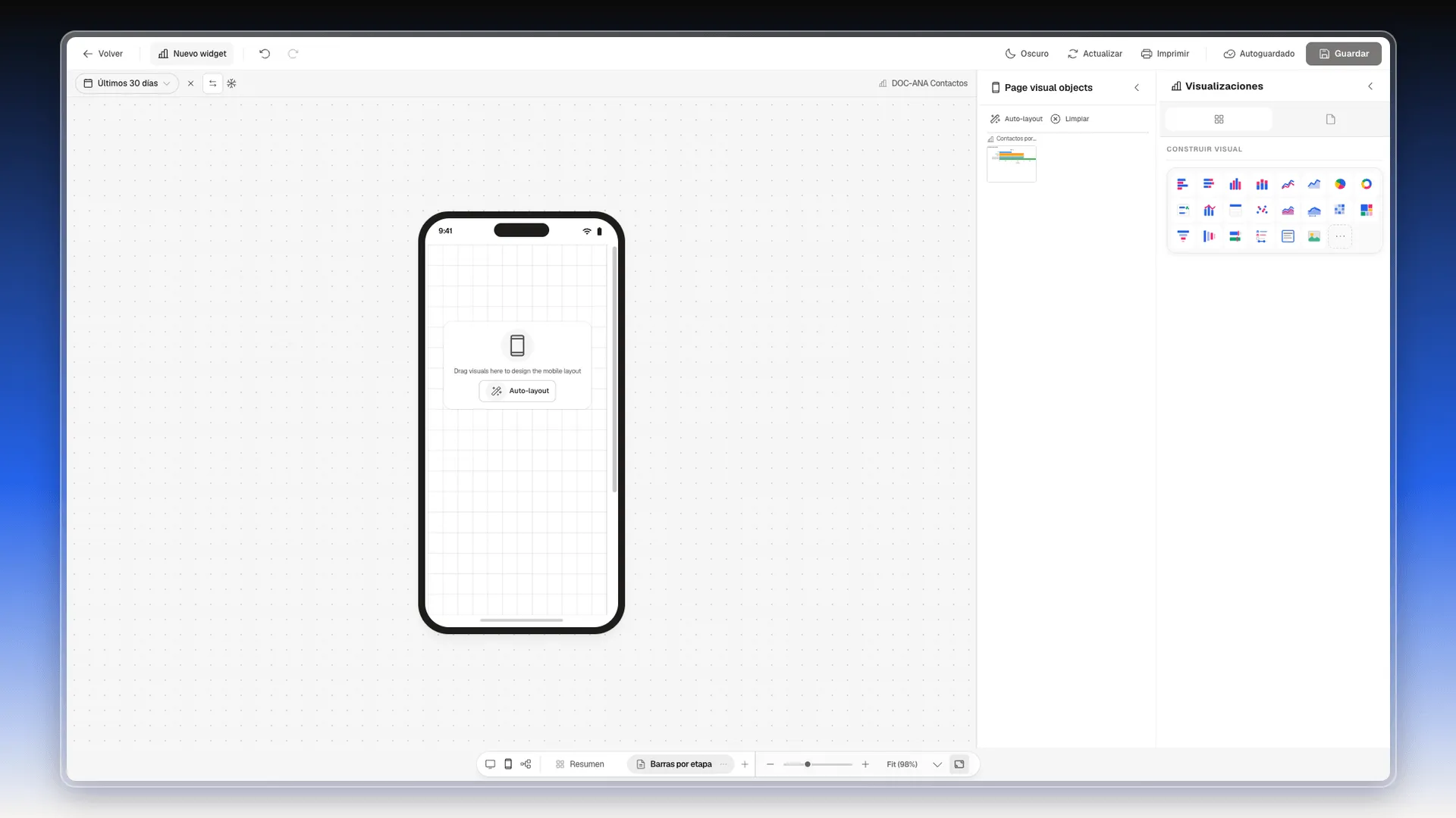 Vista móvil con el teléfono vacío, el botón Auto-layout y el panel Page visual objects con un widget