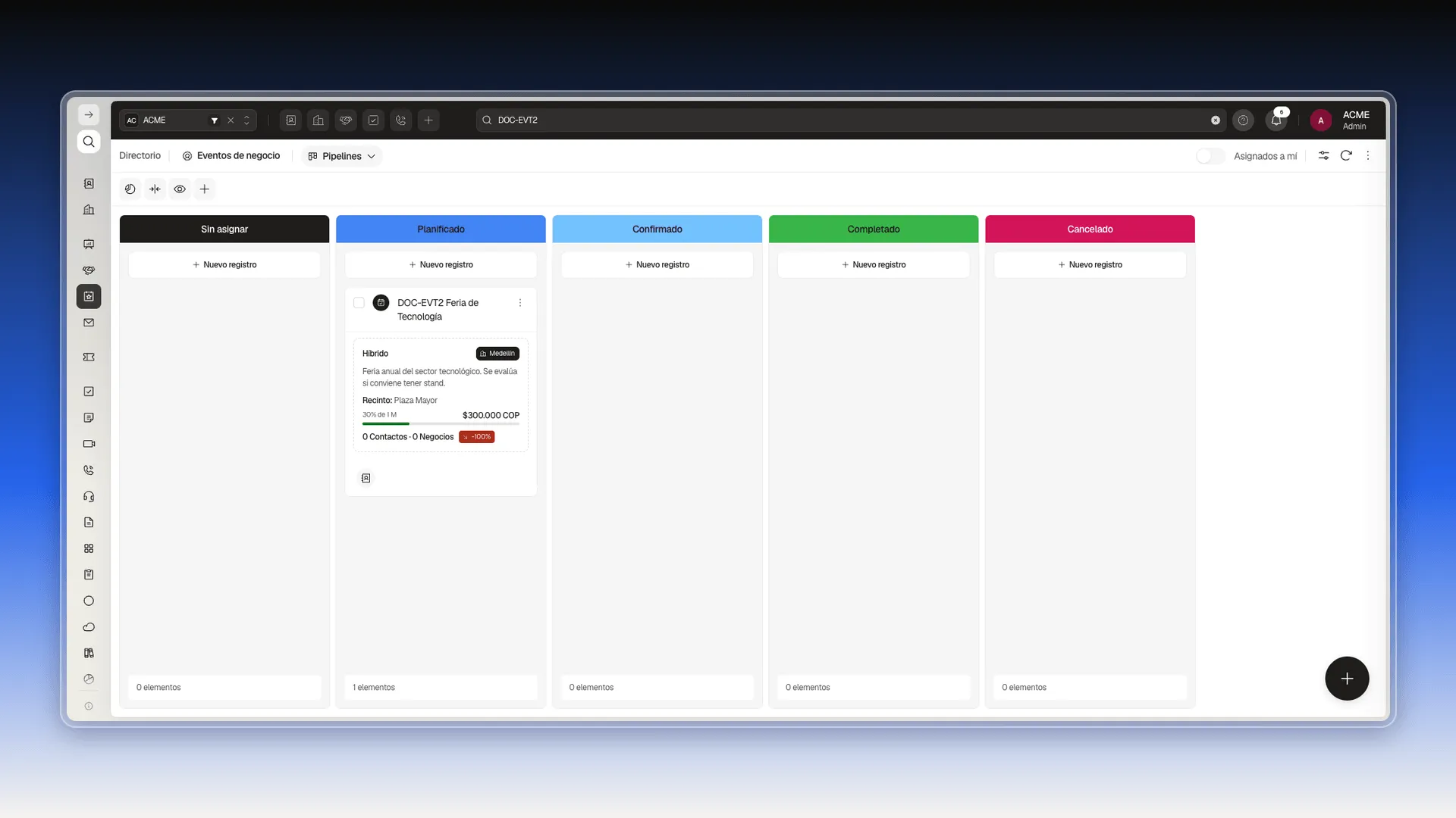Vista Pipelines de Eventos de negocio con una tarjeta en la etapa Planificado