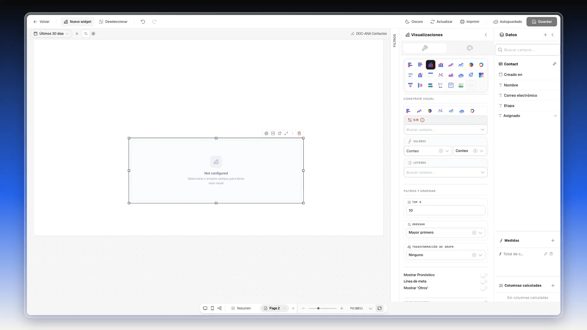Widget nuevo con el aviso Not configured y el panel Visualizaciones con el tipo de gráfico, Eje, Valores y Leyenda
