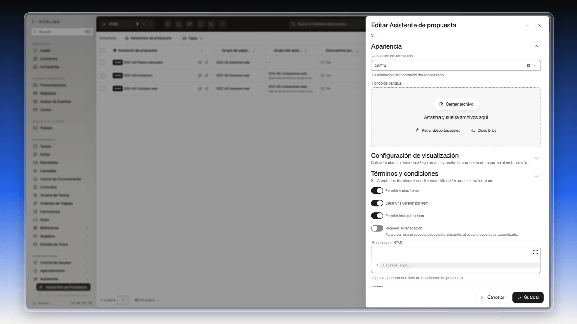 Sección Apariencia con la alineación Centro y la zona para cargar el fondo de pantalla