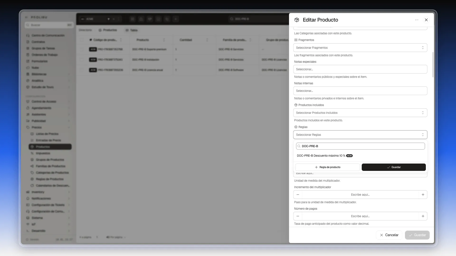 Selector Reglas del formulario Editar Producto con la regla de ejemplo y el botón + Regla de producto