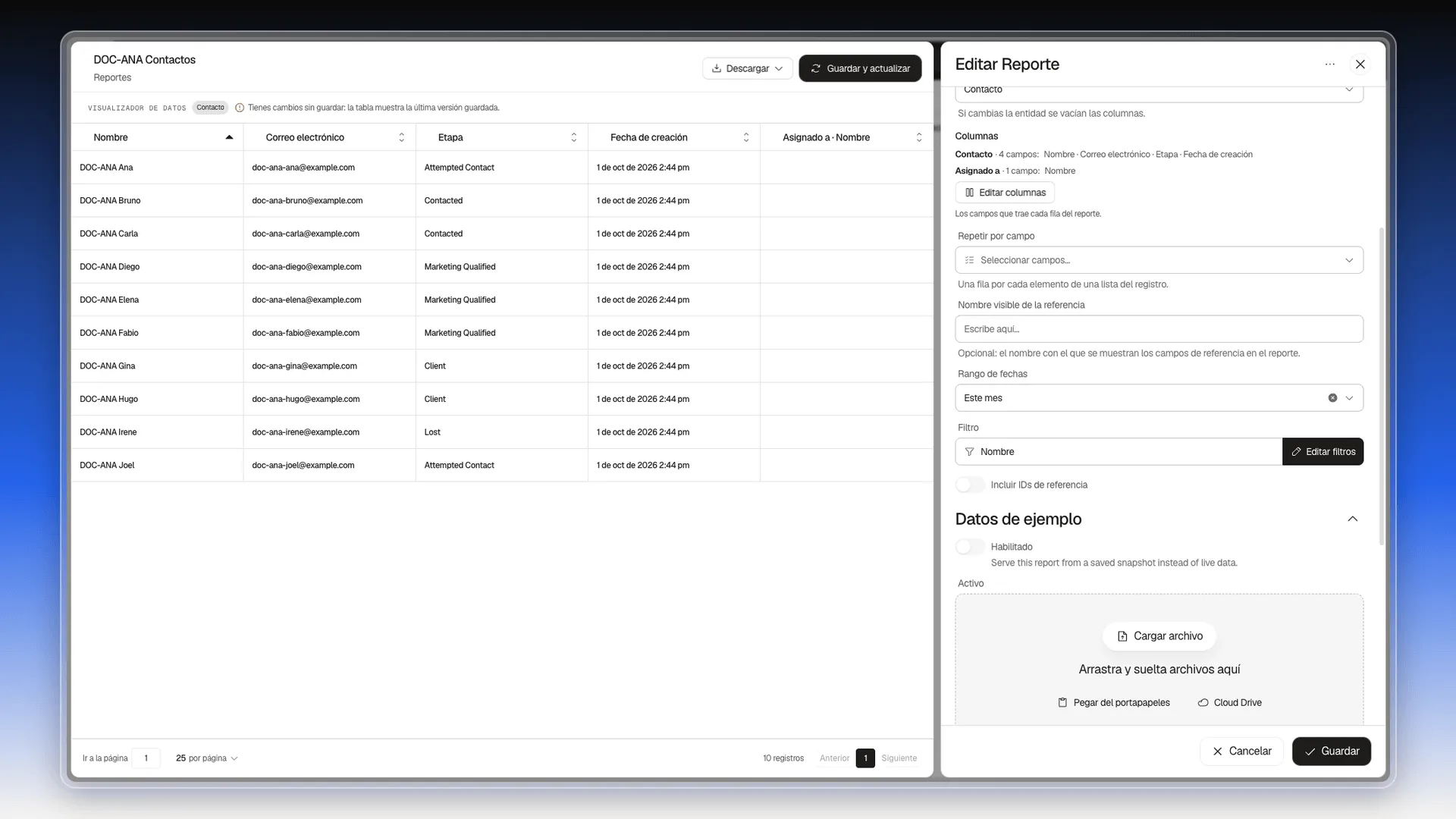 Ficha del reporte con el aviso Tienes cambios sin guardar sobre la tabla y el Rango de fechas en Este mes