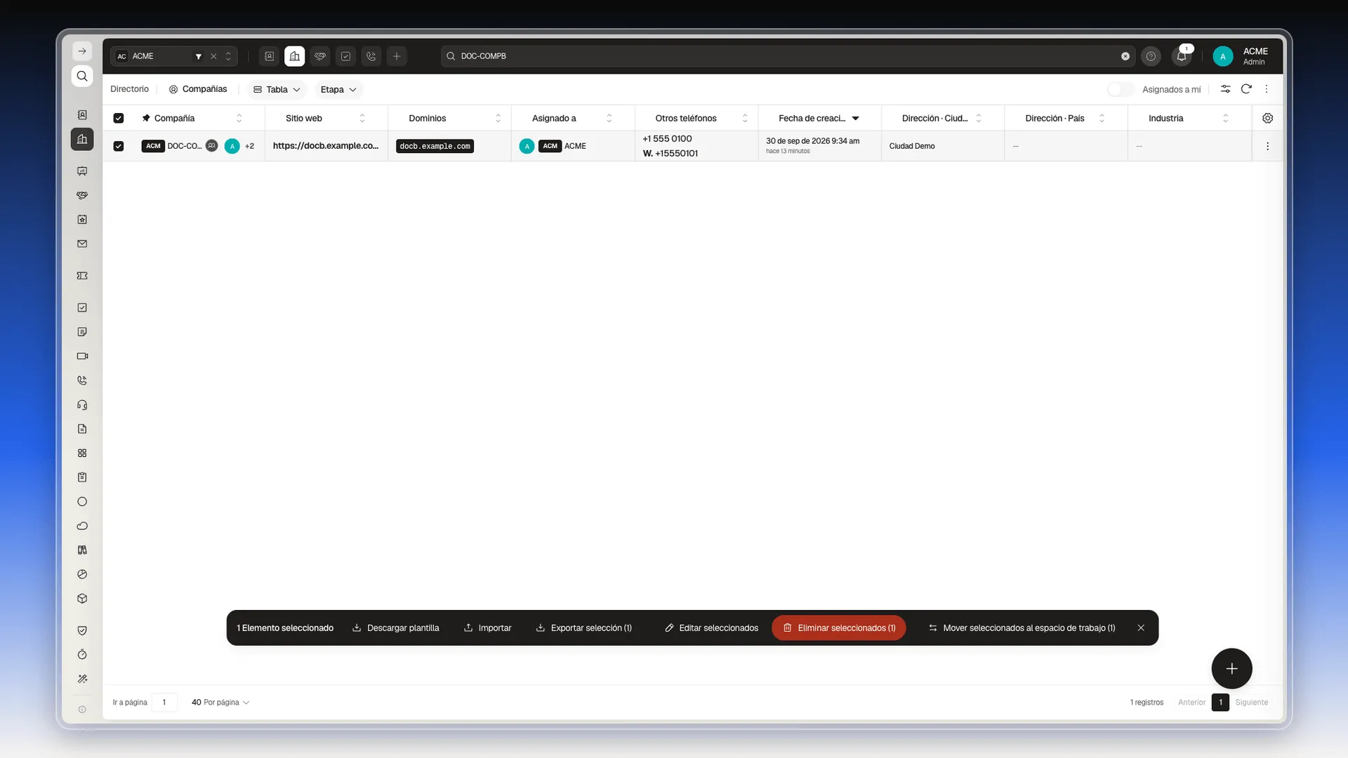 Lista de Compañías con una compañía marcada y la barra de acciones al pie con Editar seleccionados