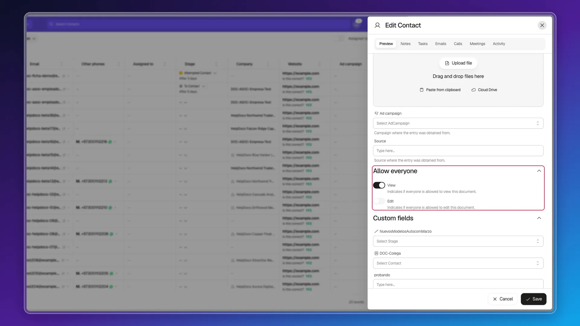 Allow everyone section with the View switch on and Edit off, imported from true and false