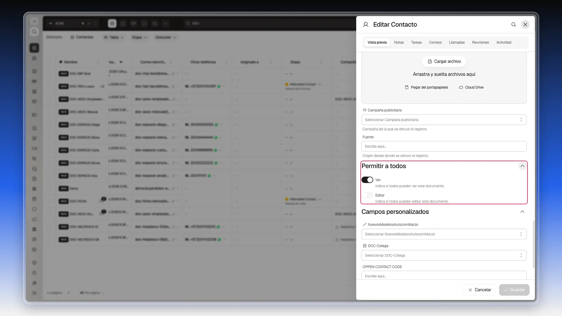 Sección Permitir a todos con el interruptor Ver activado y Editar desactivado, importados desde true y false