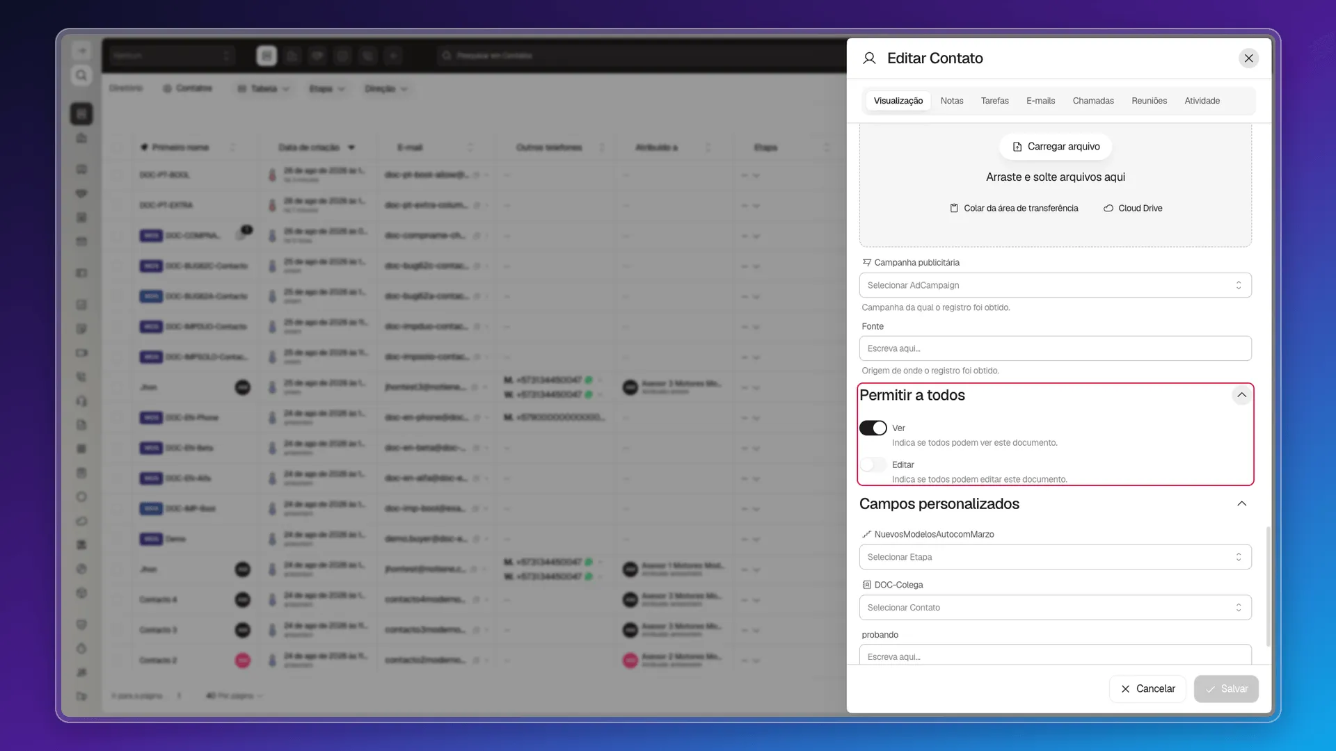 Seção Permitir a todos com a chave Ver ativada e Editar desativada, importadas de true e false