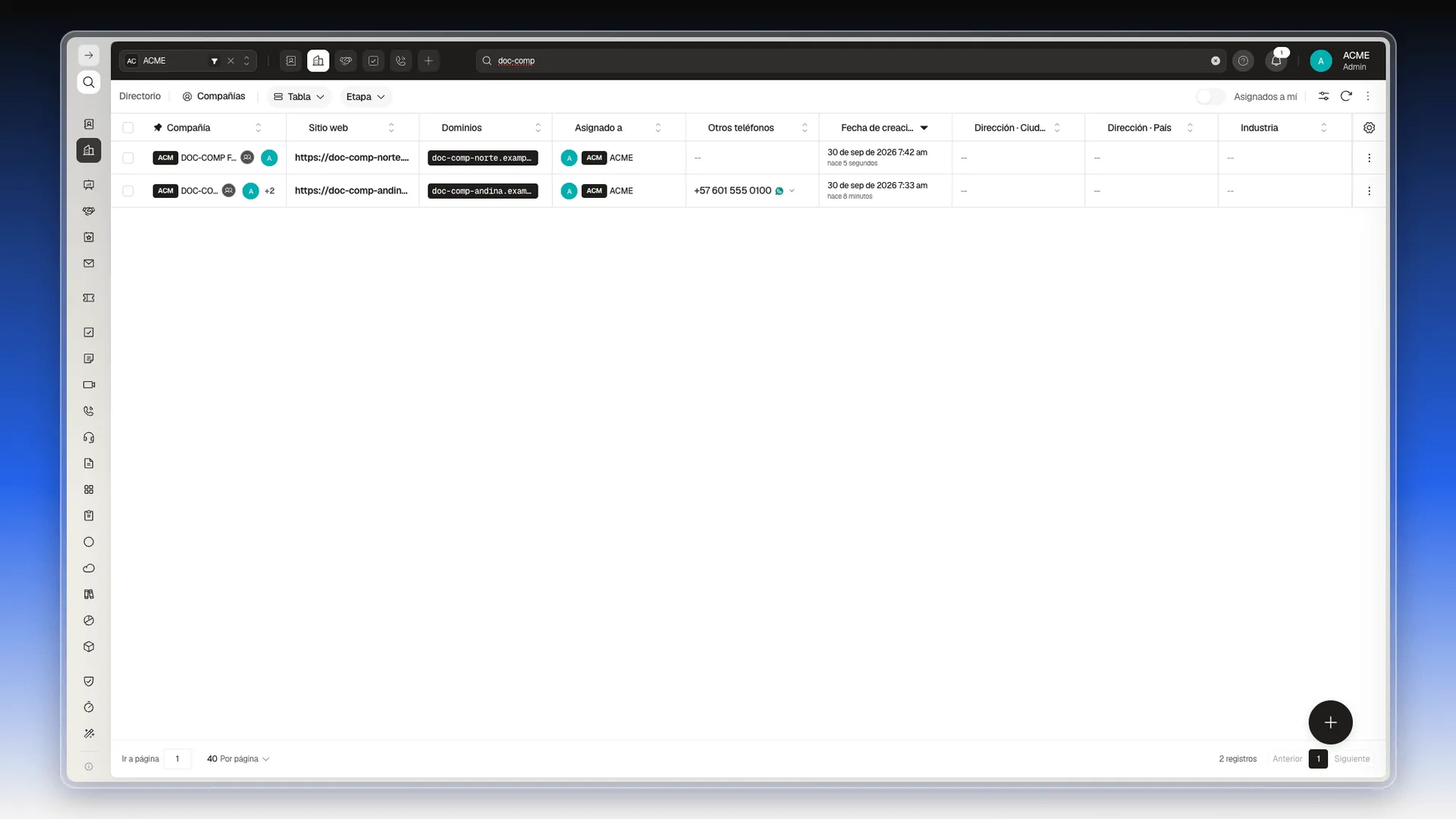 Lista de Compañías filtrada con la compañía recién creada en la primera fila, con su sitio web y su dominio