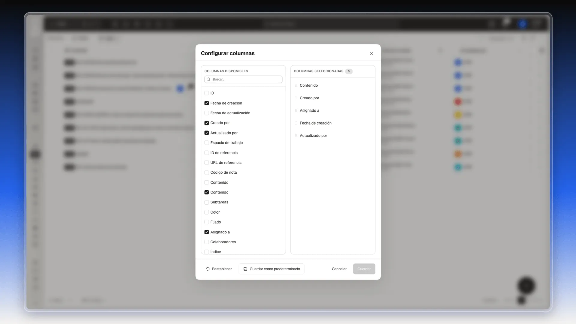Ventana Configurar columnas con la lista de columnas disponibles y las cinco seleccionadas