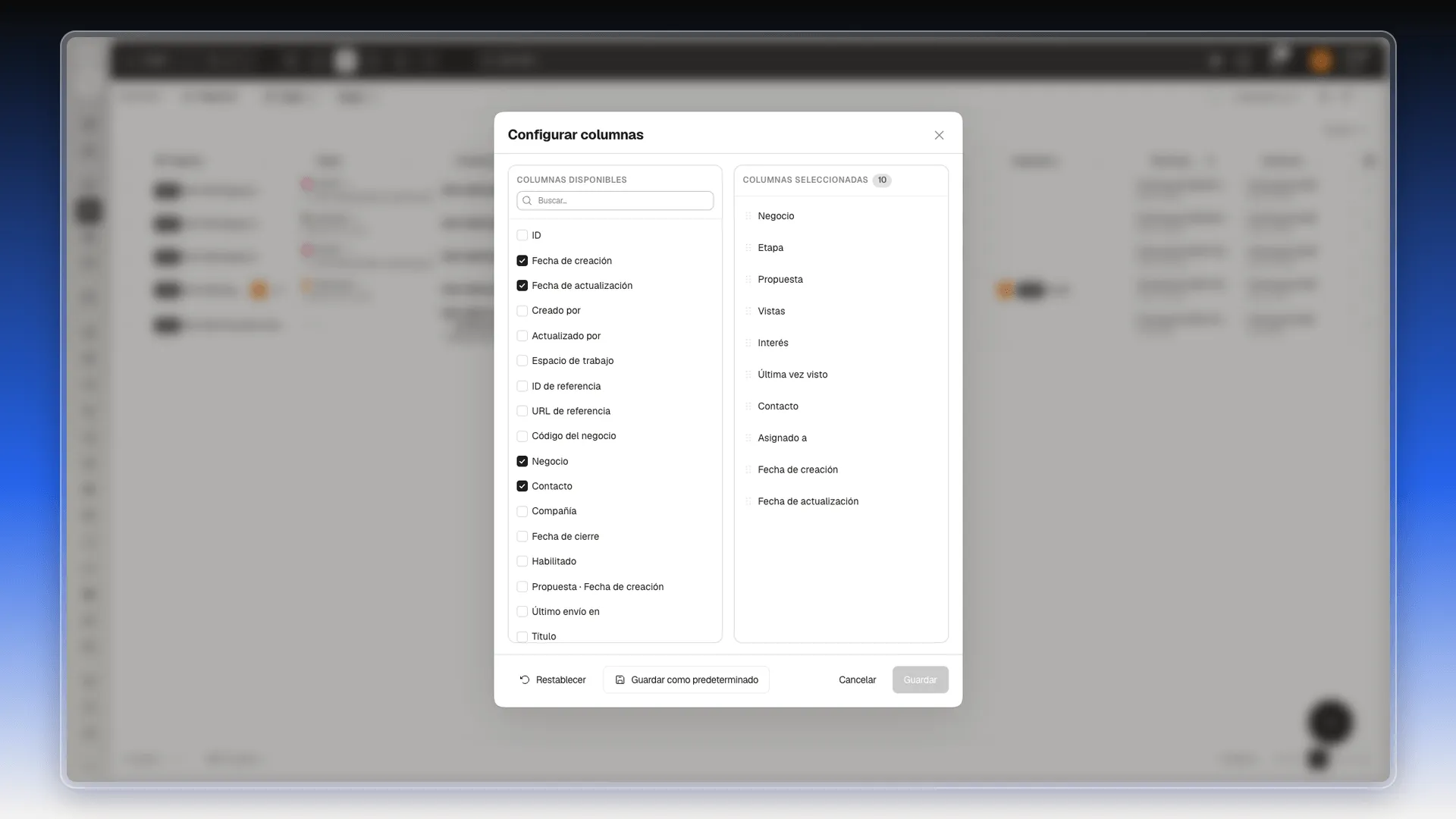 Cuadro Configurar columnas con la lista de columnas disponibles a la izquierda y las 10 columnas seleccionadas a la derecha