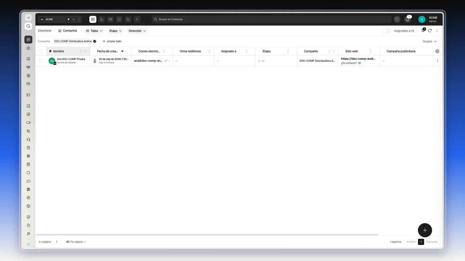 Lista de Contactos filtrada por la compañía, con la etiqueta Compañía sobre la tabla y un contacto en los resultados