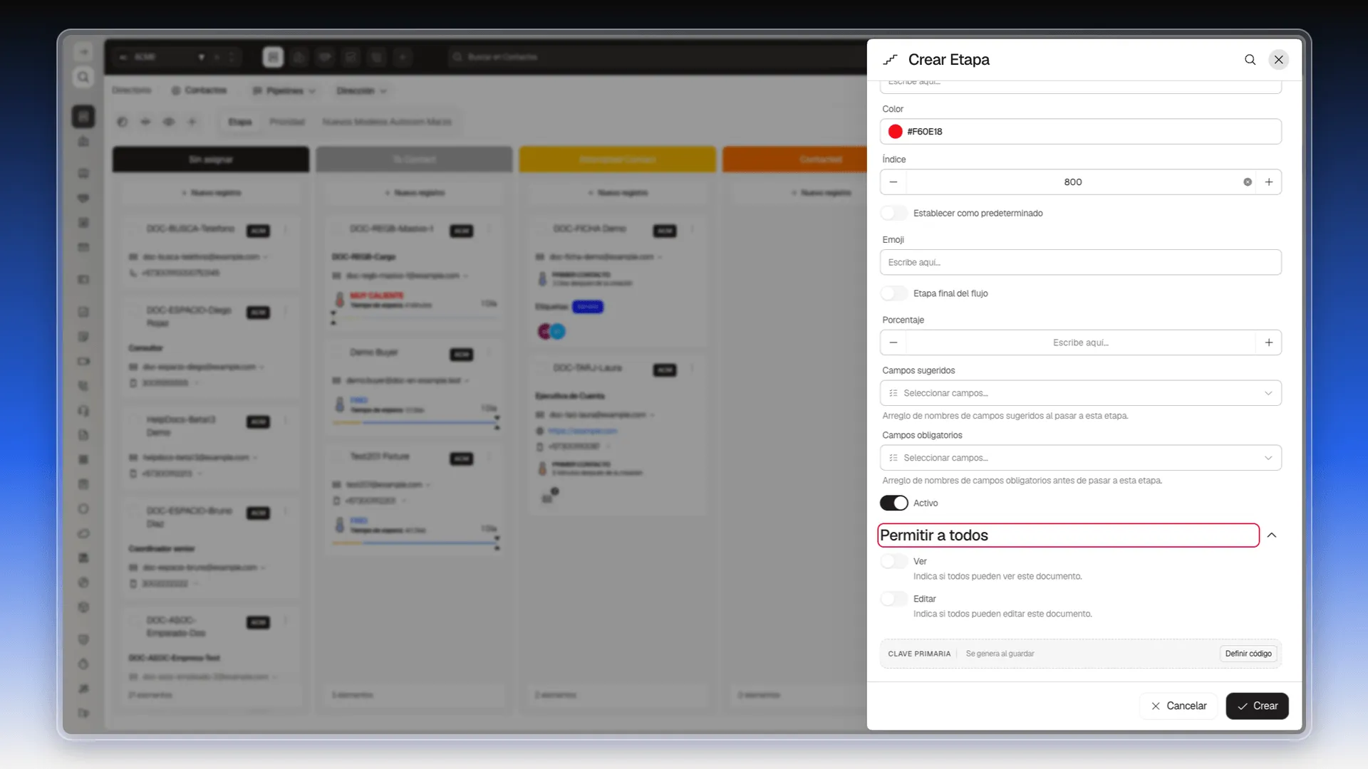 Resto del panel Crear Etapa tras hacer scroll — Etapa final del flujo, Porcentaje, Campos sugeridos, Campos obligatorios, Activo y Permitir a todos con Ver y Editar