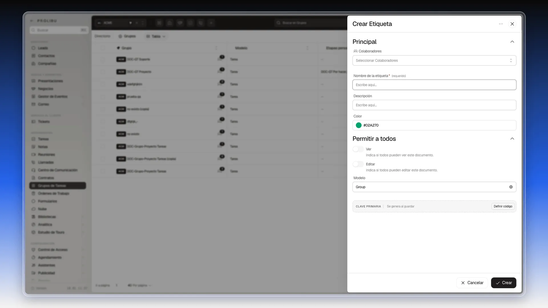 Panel Crear Etiqueta