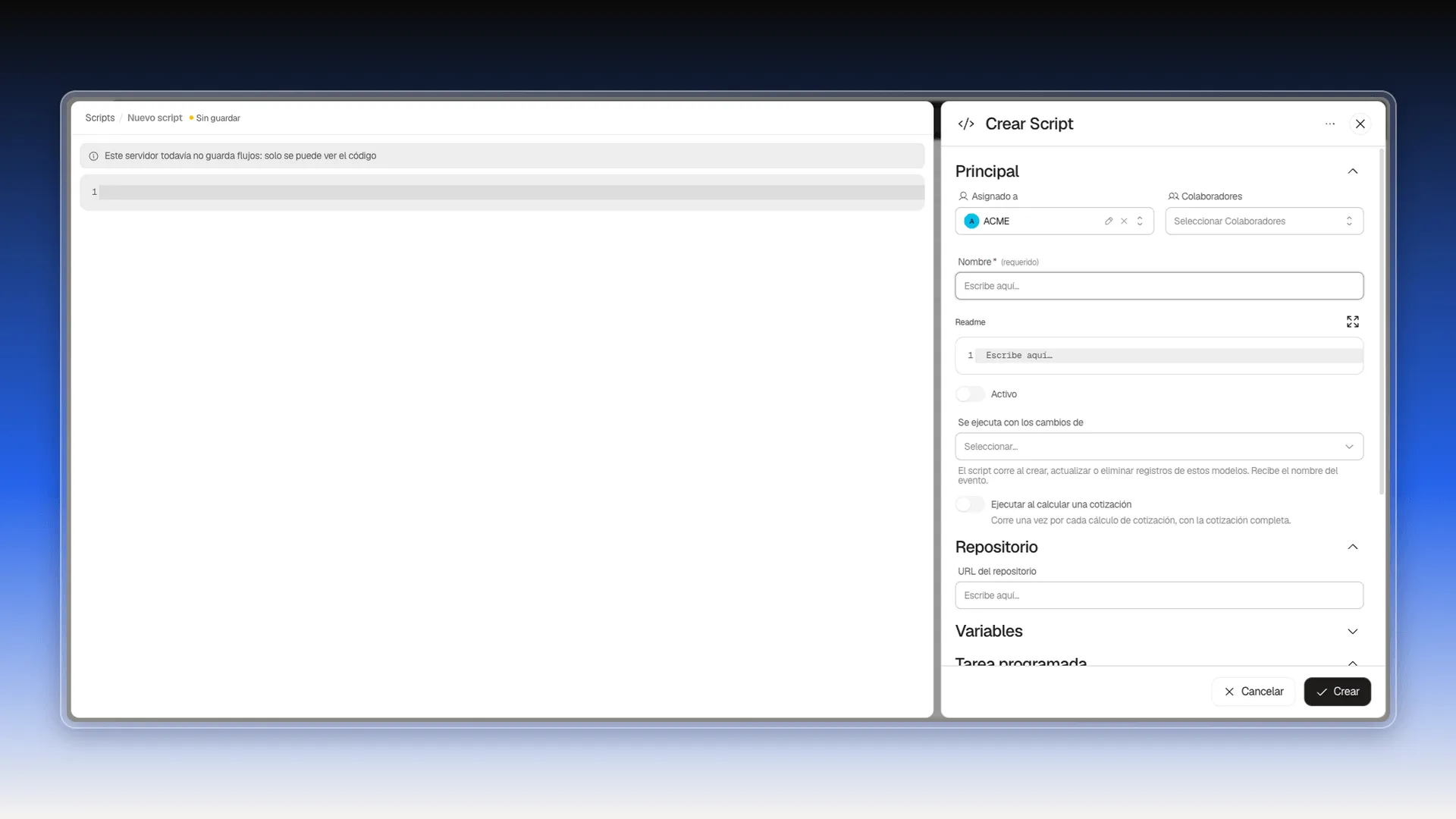 Formulario Crear Script con el editor de código a la izquierda