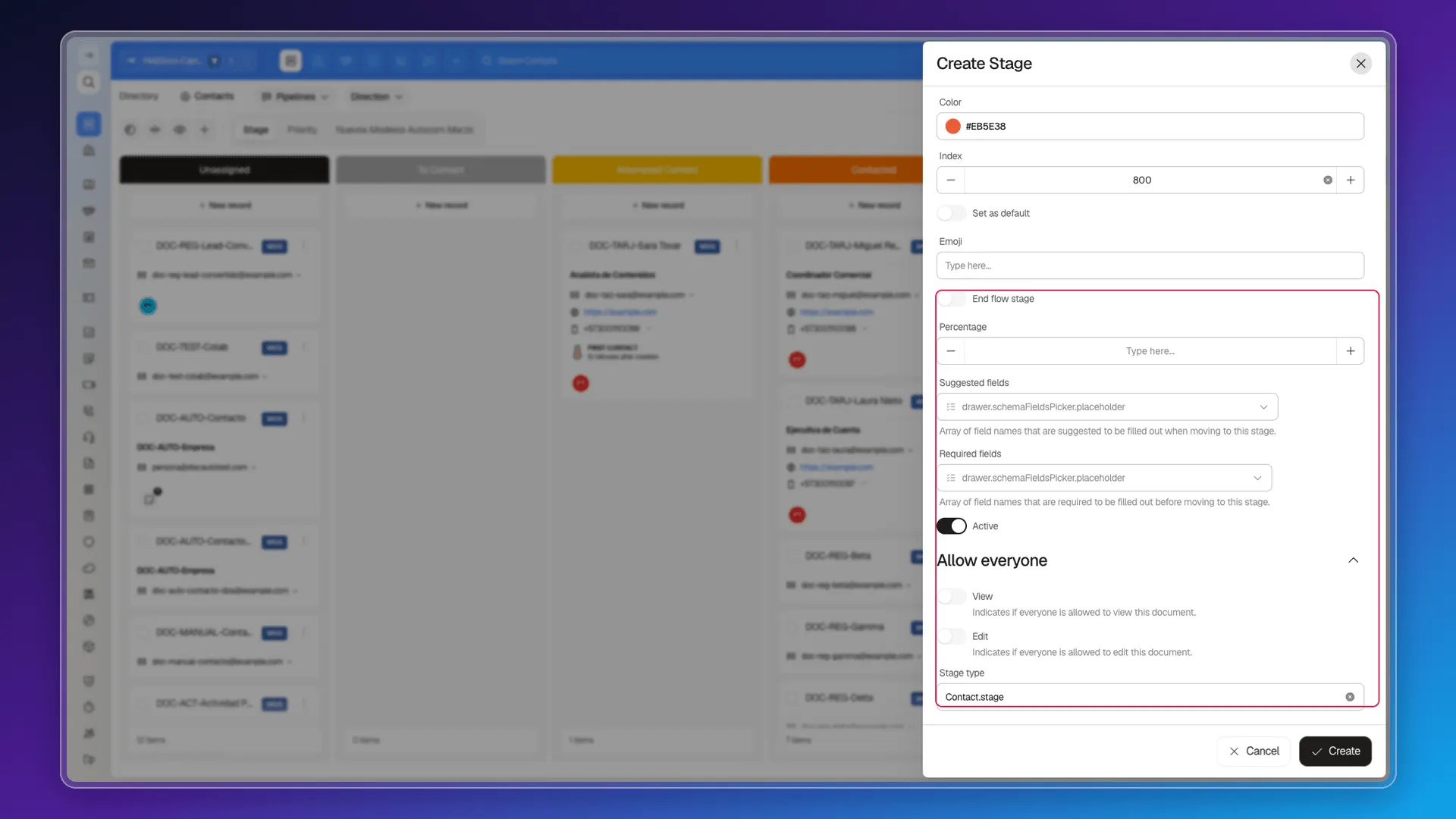 Rest of the Create Stage panel after scrolling — End flow stage, Percentage, Suggested fields, Required fields, Active, Allow everyone with View and Edit, and Stage type