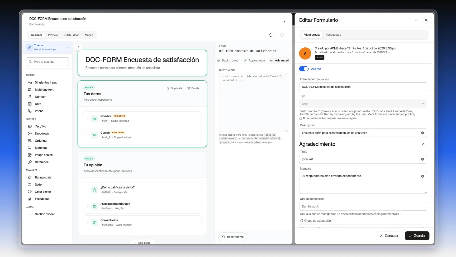 Pestaña Advanced con el cuadro Custom CSS y su texto de ayuda