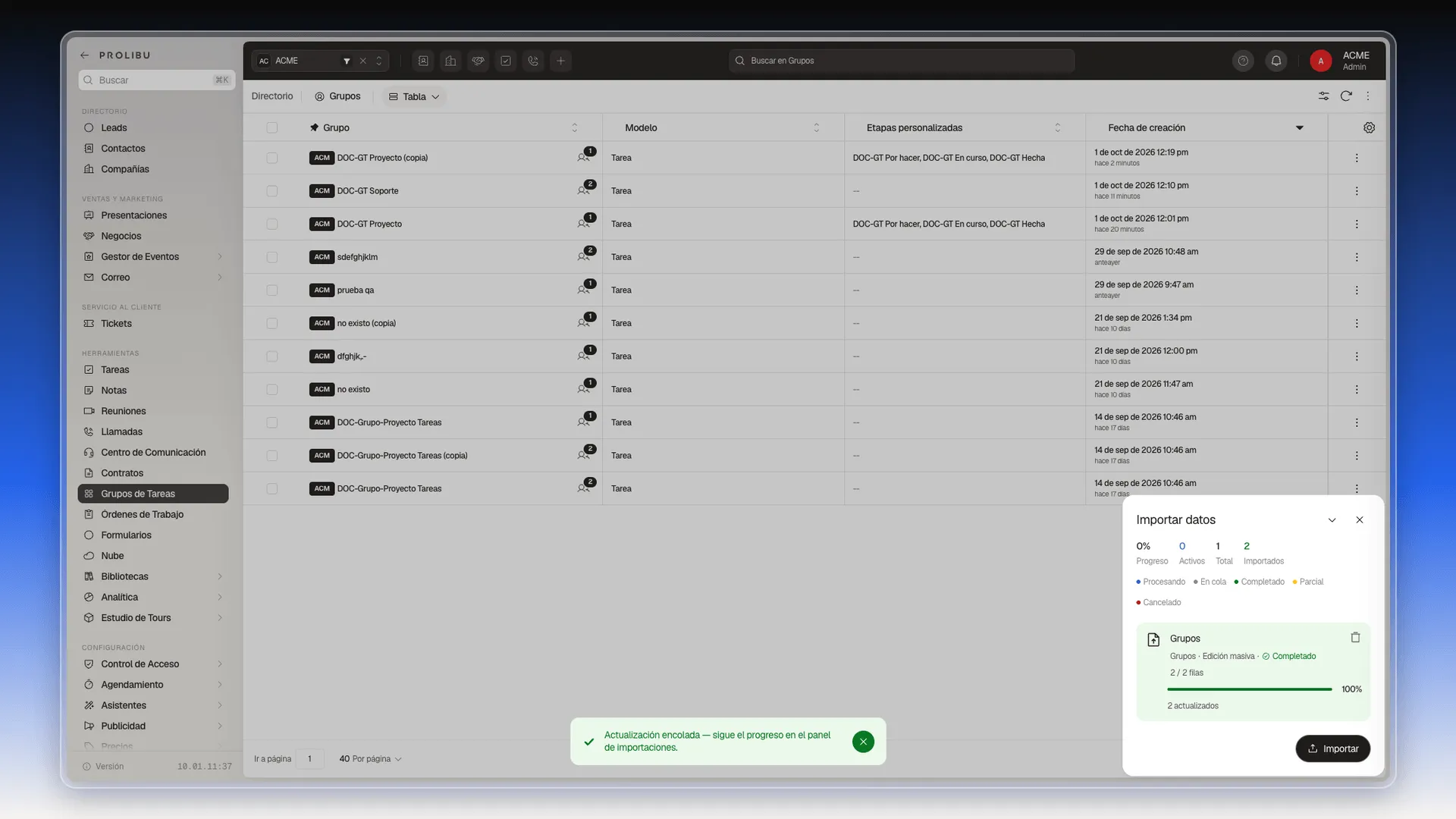 Panel Importar datos con una edición masiva completada, 2 de 2 filas actualizadas